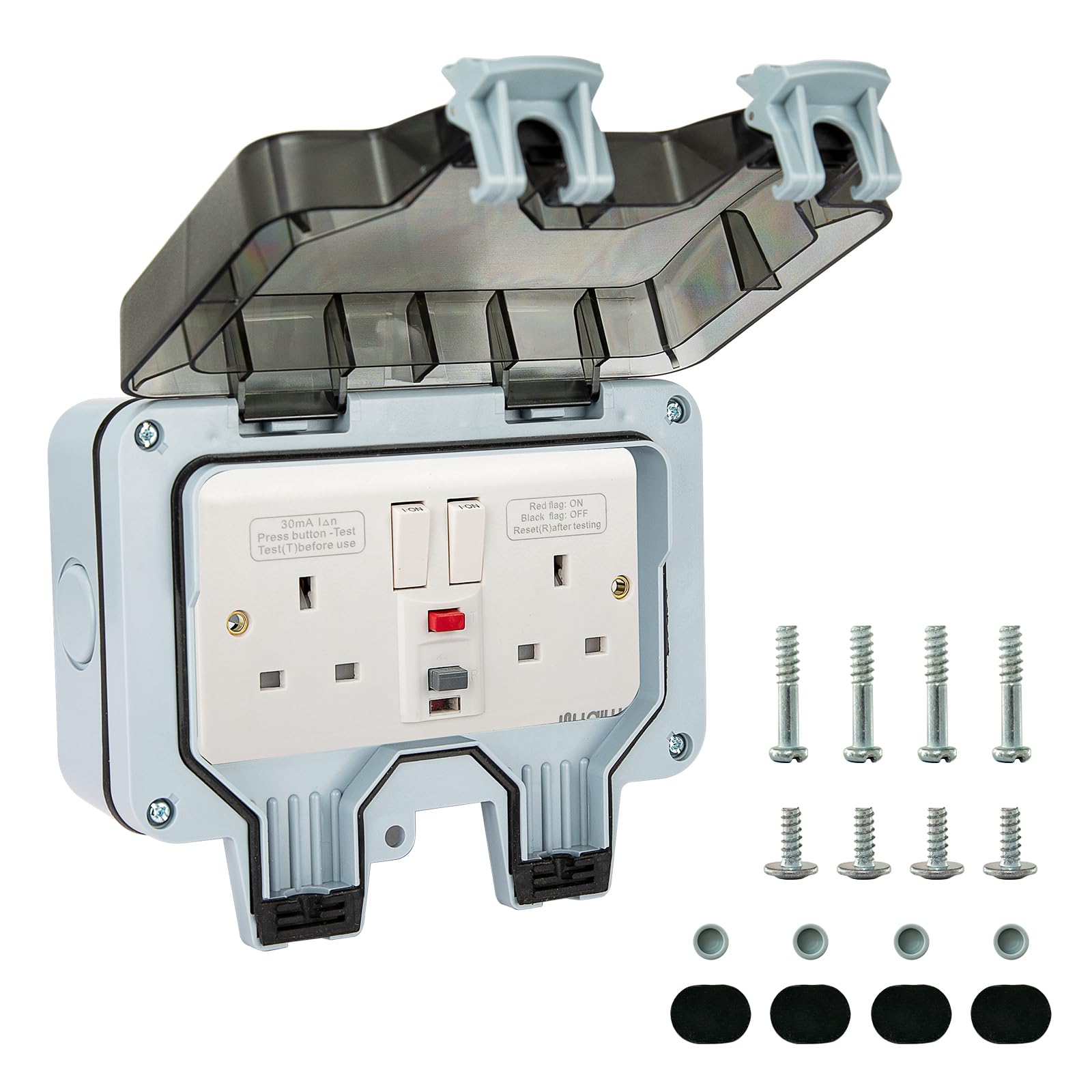 W LAIWO IP65 Weatherproof Socket Box 2-Gang 2-Socket Switched, UKCA Certified 230V 13A Outdoor/Indoor Waterproof Power Outlet, 30mA RCD Leakage Protection, 40ms Fast Trip, UK Standard Socket