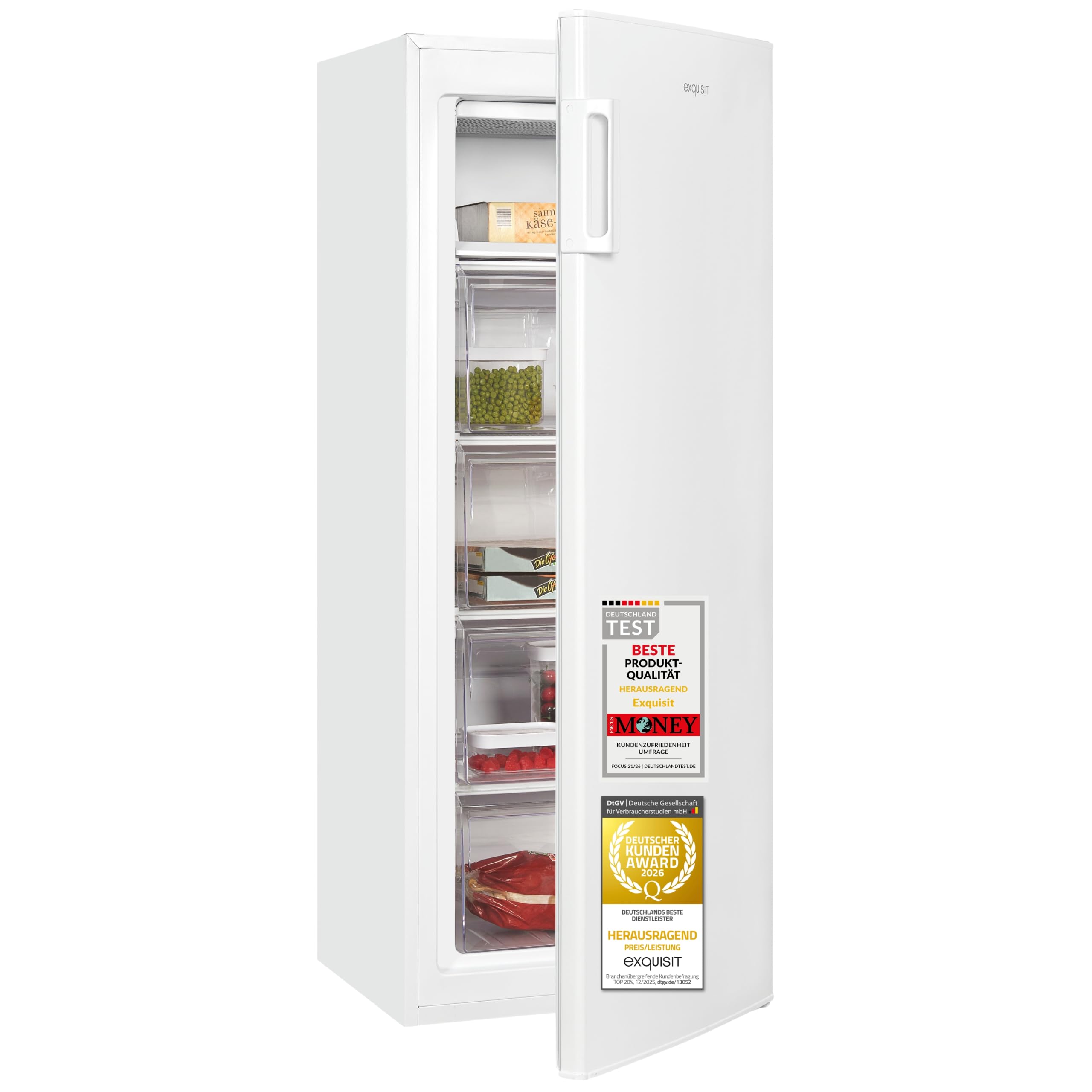 Exquisit GS5230-H-040D Gefrierschrank - 168 l Tiefkühlschrank - Weiß - D | 4 Sterne Gefrierfach - 4 Schubladen - 143 cm hoch - 40 dB leise - Türanschlag wechselbar - Freistehendes Gefriergerät