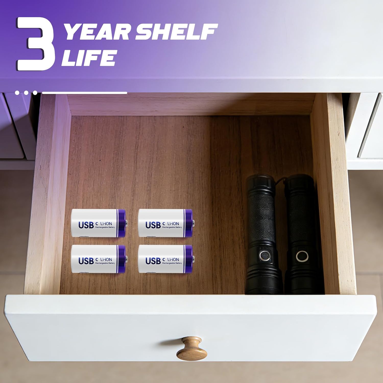 Rechargeable Lithium C Batteries 10 Pack, 1.5V C Cell Batteries with 4 in 1 USB-C Charging Cable, 5000mWh High Capacity Size C Li-ion Battery for Floodlight Toys, Recharge up to 1200+ Cycles