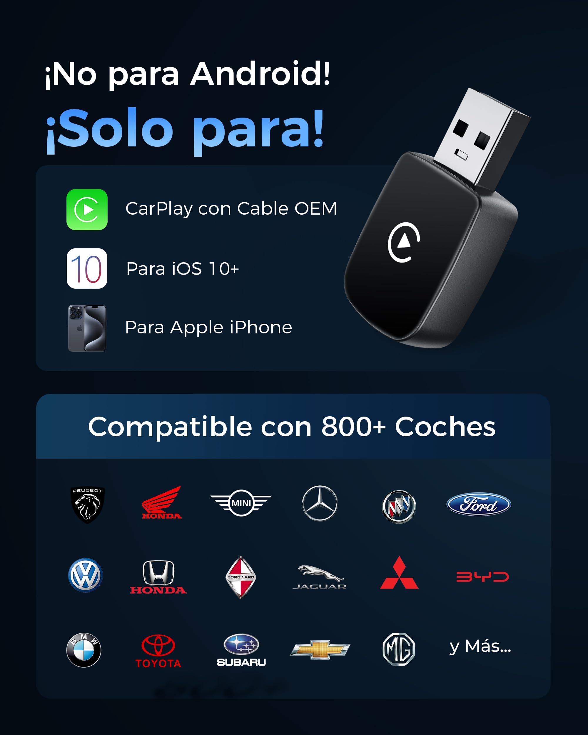 Adaptador CarPlay Inalámbrico, Bluetooth V5.3 Conexión Estable, 5.8GHz WiFi de Alta Velocidad, USB A/C, Convierte Coches con CarPlay por Cable en Inalámbrica, para Apple iPhone iOS 10+
