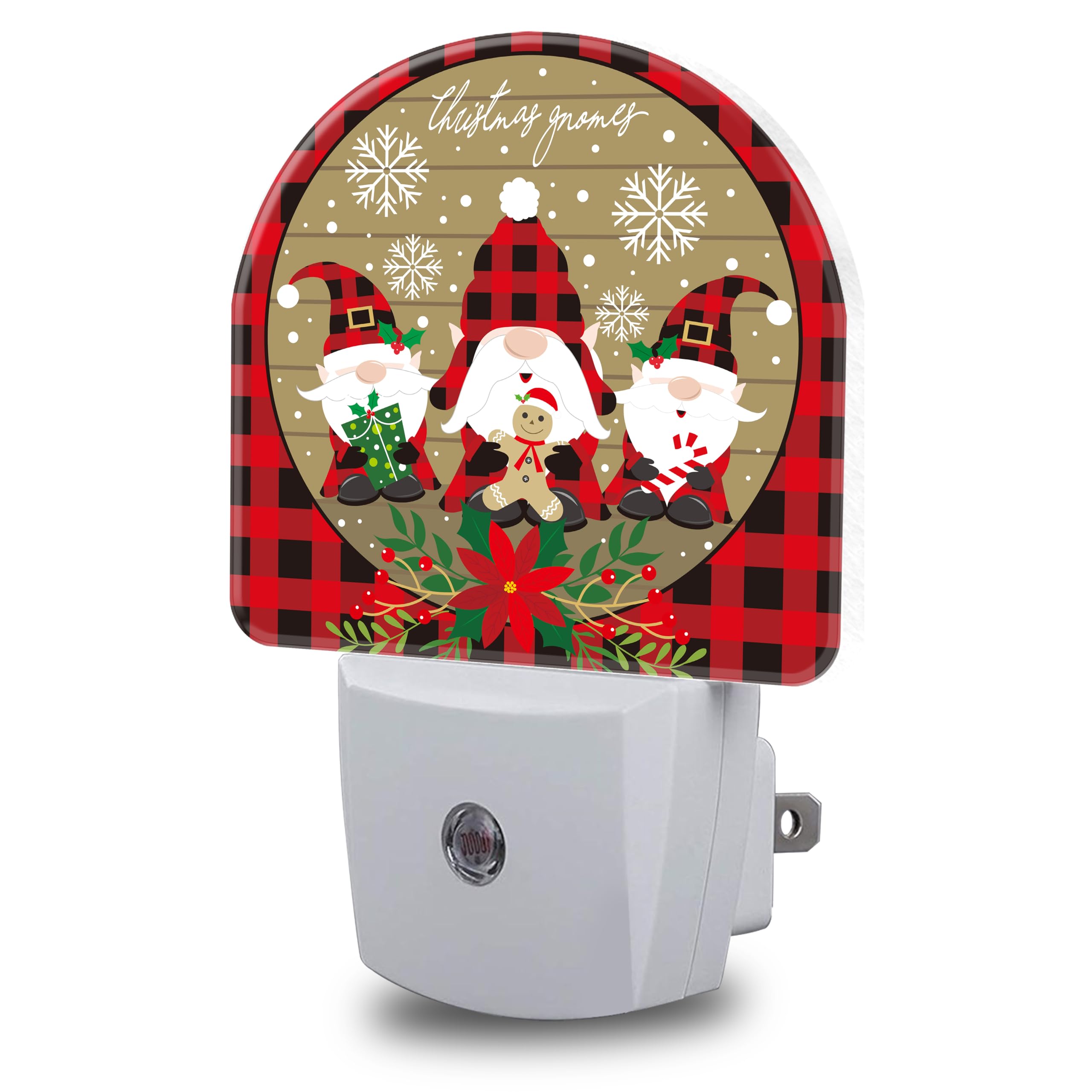 Red and Black Buffalo Plaid Night Lights Plug into Wall Christmas Gnomes Night Light Dusk to Dawn Smart Sensor Decorative Round Led Lamp for Bedroom Kitchen Hallway Nightlight for Women Men