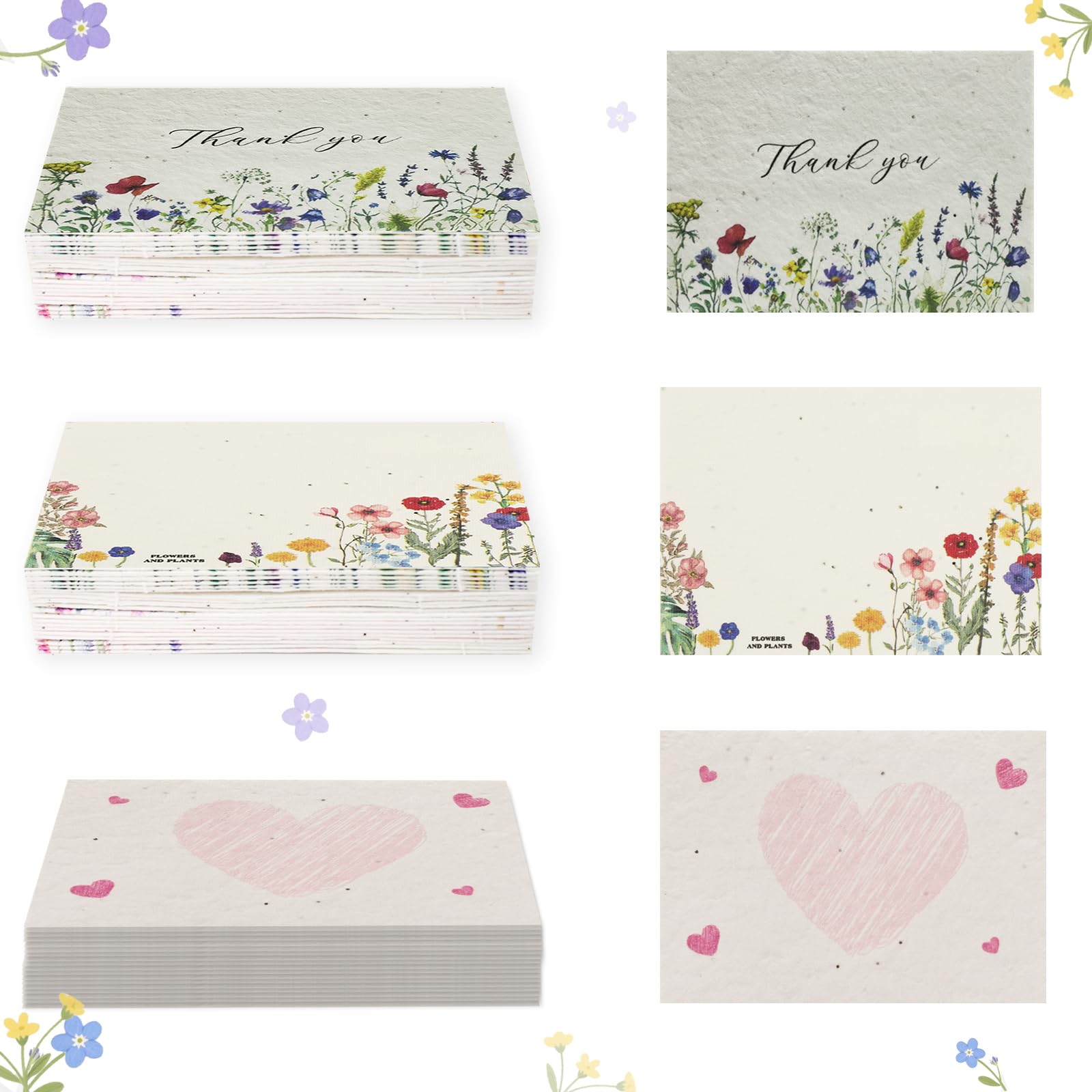 60 Stück Handgefertigte Grußkarten aus Saatpapier, Pflanzbares Wildblumensamenpapier Einladungen, Dankeskarten Eingebettete Recycelte Blumenanhänger für Hochzeiten, Geschenke, Geburtstage, Partys