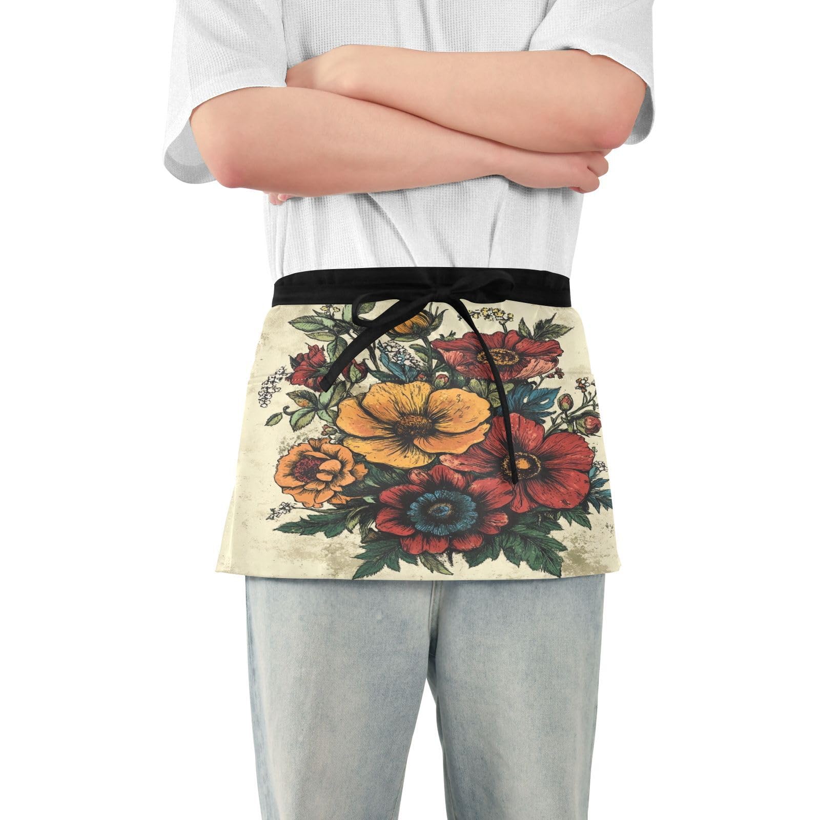 Kigai Vintage Flowers Server Aprons for Men Women Water & Oil Resistant Waitress Waiter Waist Apron with 3 Pockets