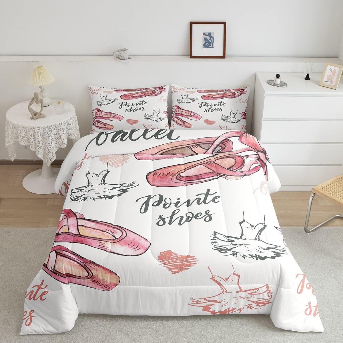 Feelyou Girls Ballet Comforter Set Kids Ballet Shoes Bedding Set for Boys Teens Decor Girly Dancer Comforter Modern Trendy Pink White Duvet Set 2Pcs Twin Size Multi 113 Twin