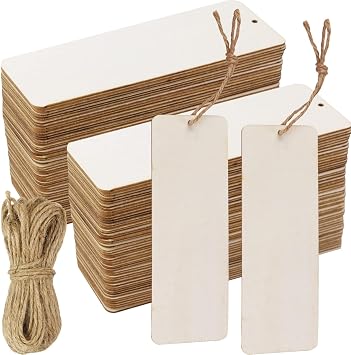 FSWCCK 50 Pcs 6 x 2 Inch Large Size Blank Wooden Gift Tags Labels Unfinished Wooden Book Markers Ornaments with Holes and Ropes for DIY Crafts, Wedding Birthday Party Decors