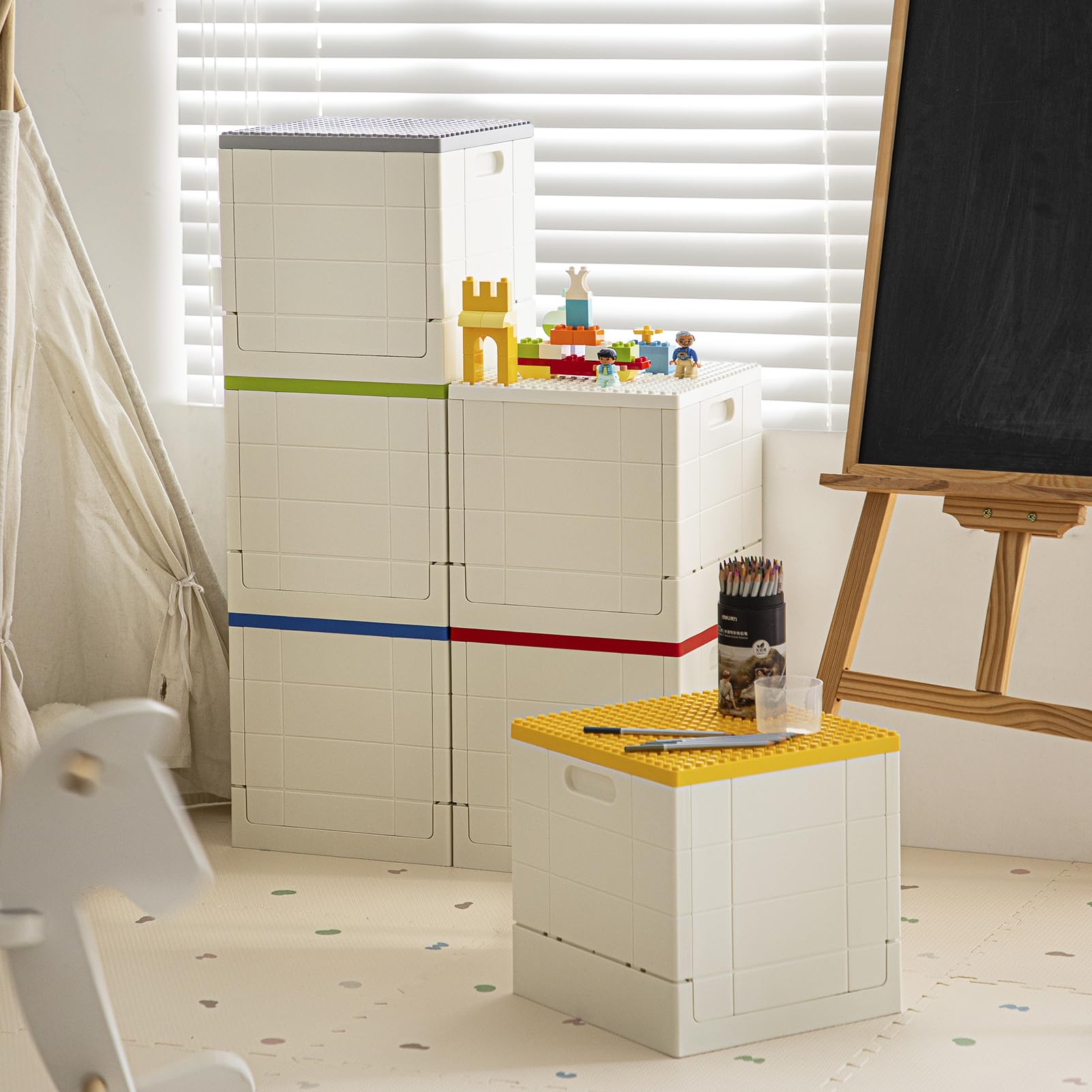 SHIMOYAMA Scatola portaoggetti pieghevole con coperchio della piastra di base per Duplo, cestino impilabile da 25 litri con tavola separata per Lego, contenitore pieghevole da 26 litri, per Lego Duplo