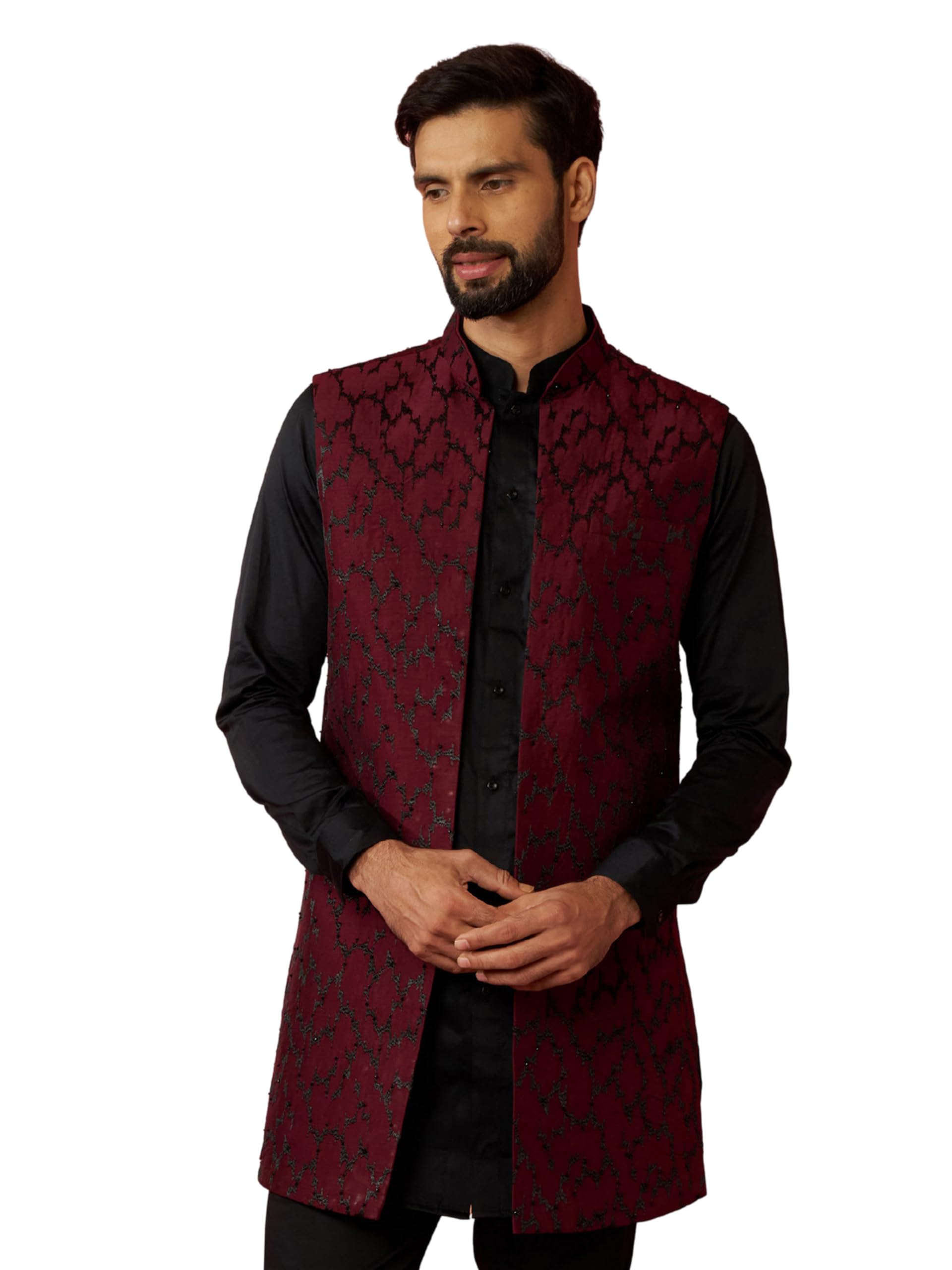 vastramay Men's Wine Silky Abstract Embroidered Nehru Jacket - Wedding Ethnic Wear-picture-35