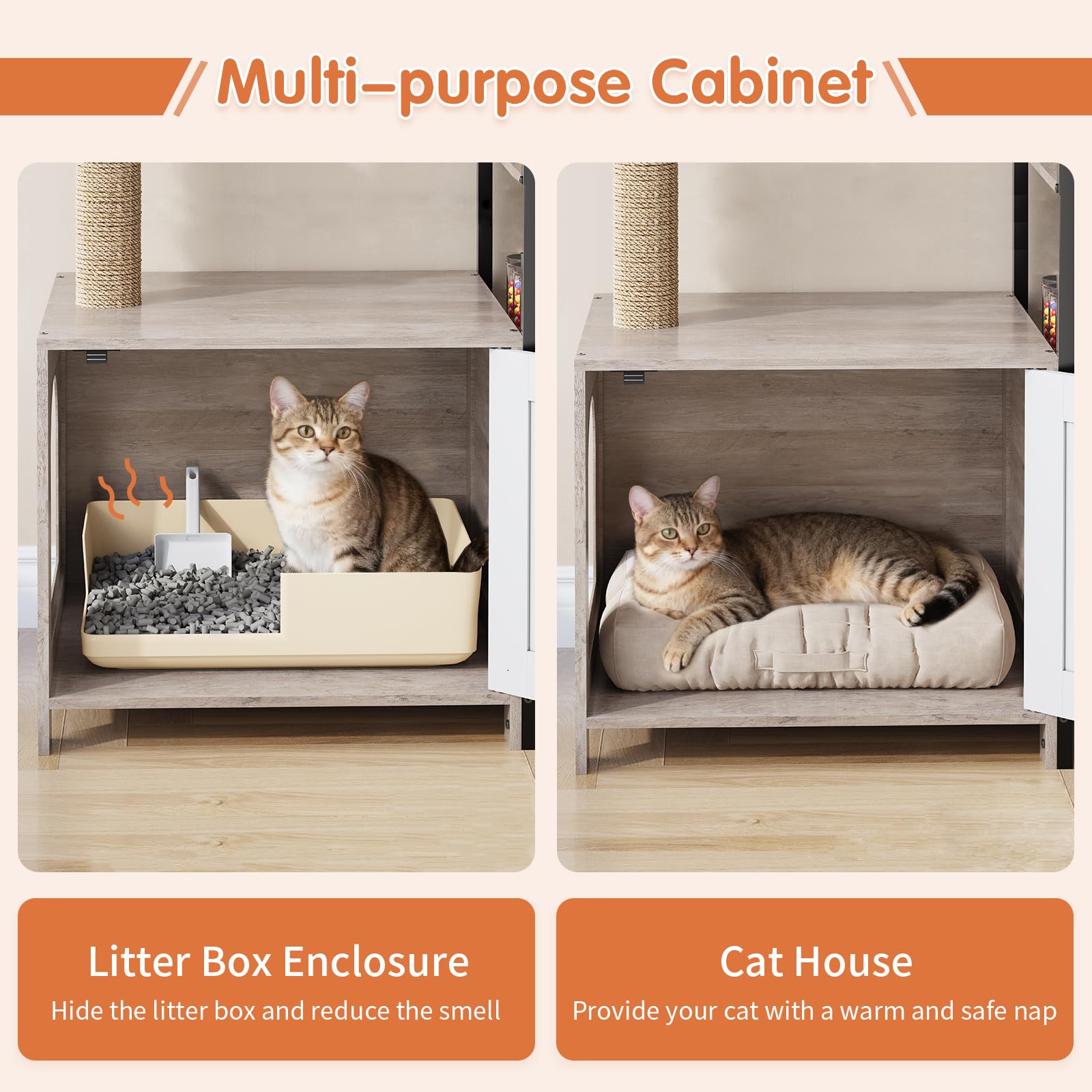 HavenlyYouth Árbol para gatos con cuencos de comida y caja de arena, torre para gatos de varios niveles con postes de sisal para jugar, hamaca de felpa en gris para mayor comodidad