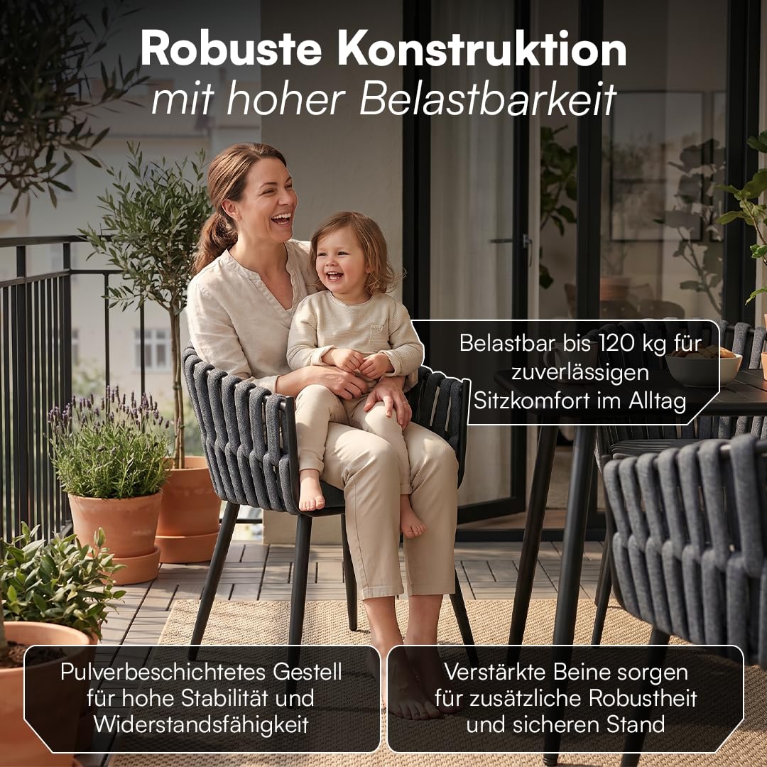 STEELSØN Tarian Gartenstühle im Rope Design – Stühle 6er Set mit Sitzkissen – Loungesessel Indoor/Outdoor – aus Kunststoffgeflecht & Dicke Sitzpolster Garten/Terrasse/Balkon – Stahlgestell dunkelgrau