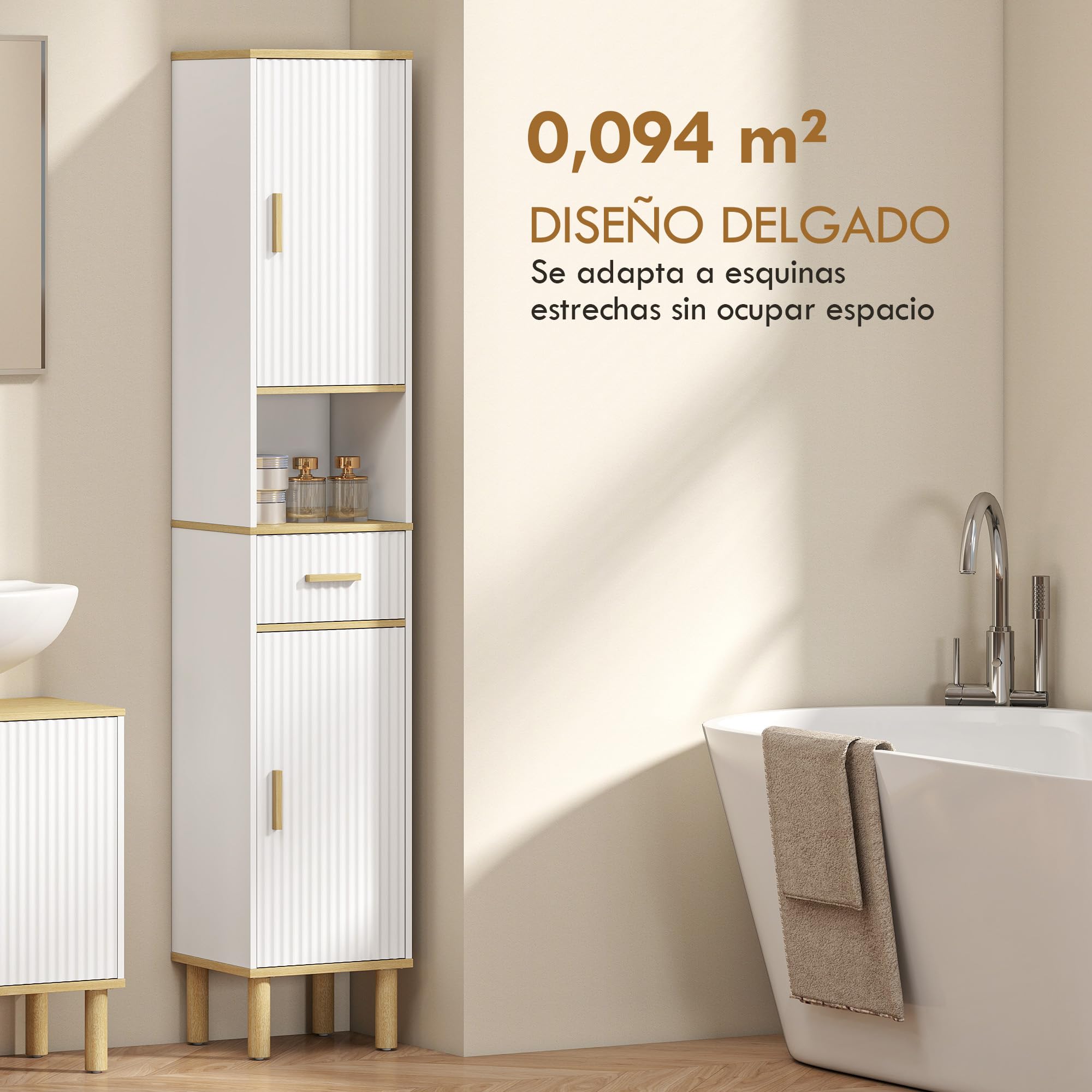 HOMCOM Armario de Baño Alto Estrecho con Patas 31,5x29,7x171,5 cm Blanco | Mueble Auxiliar de Baño, Estantes Ajustables, Puertas Acanaladas, Cajón, Estante Abierto, Patas de Madera, Espacios Pequeños