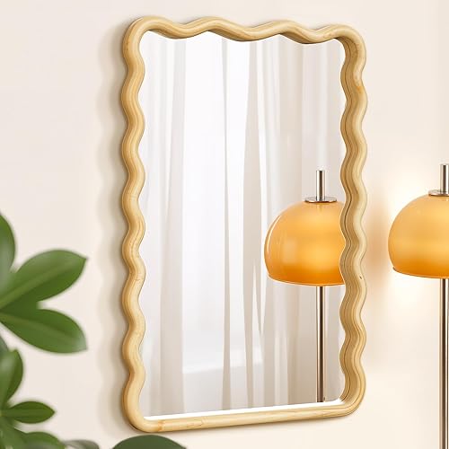 Miniatura 6 de Espejo de baño para pared, 24 x 36 pulgadas, espejo bohemio de madera ondulado, espejo decorativo grande de longitud completa con vidrio templado,