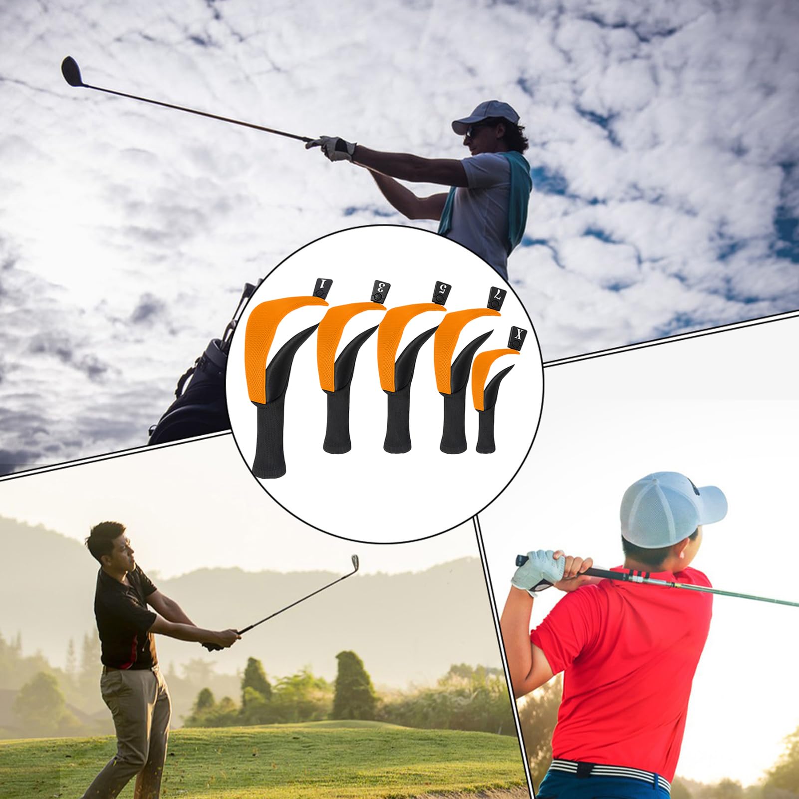 Lot de 5 housses de tête de club de golf - Driver en bois, couvre-chef de club de golf à col long | Housse de protection anti-poussière pour golf, hybride en bois antidérapant pour clubs hommes femmes