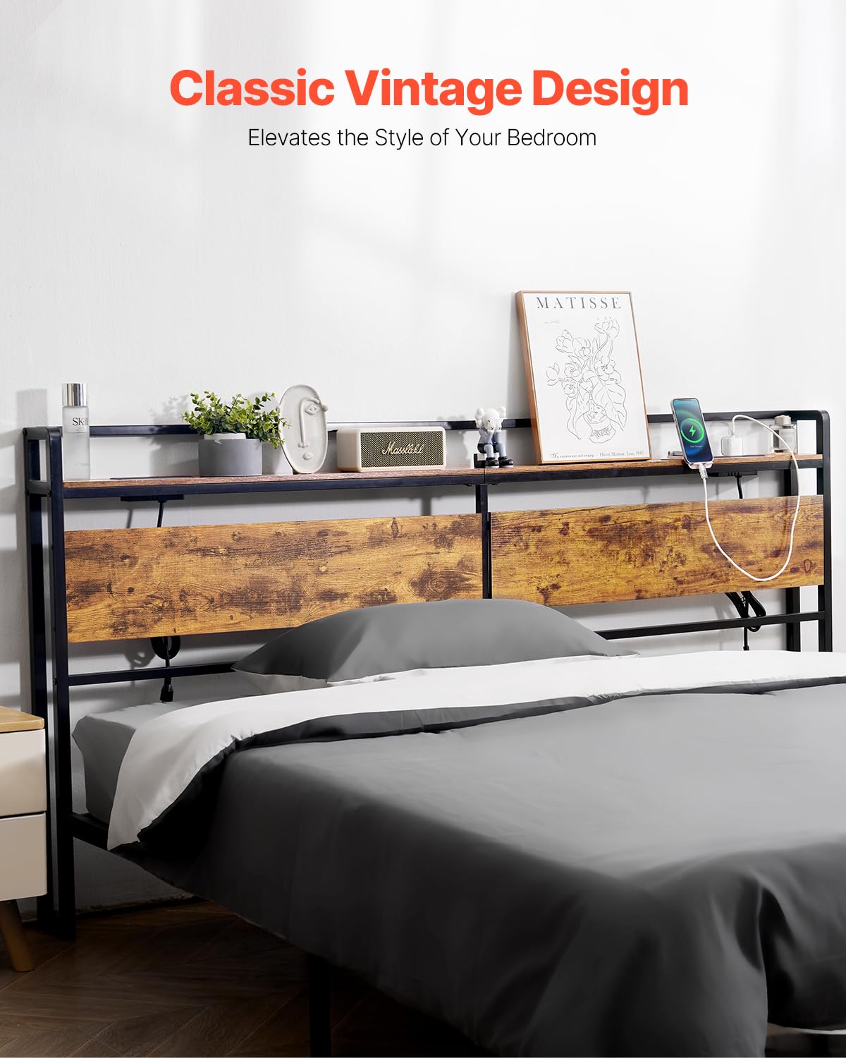 VEVOR Testiera per Letto King Size, Altezza Regolabile con Ripiano Portaoggetti, Testiera Indipendente da Letto King Size con Prese Porta USB per Diverse Strutture Letto, Nero e Marrone