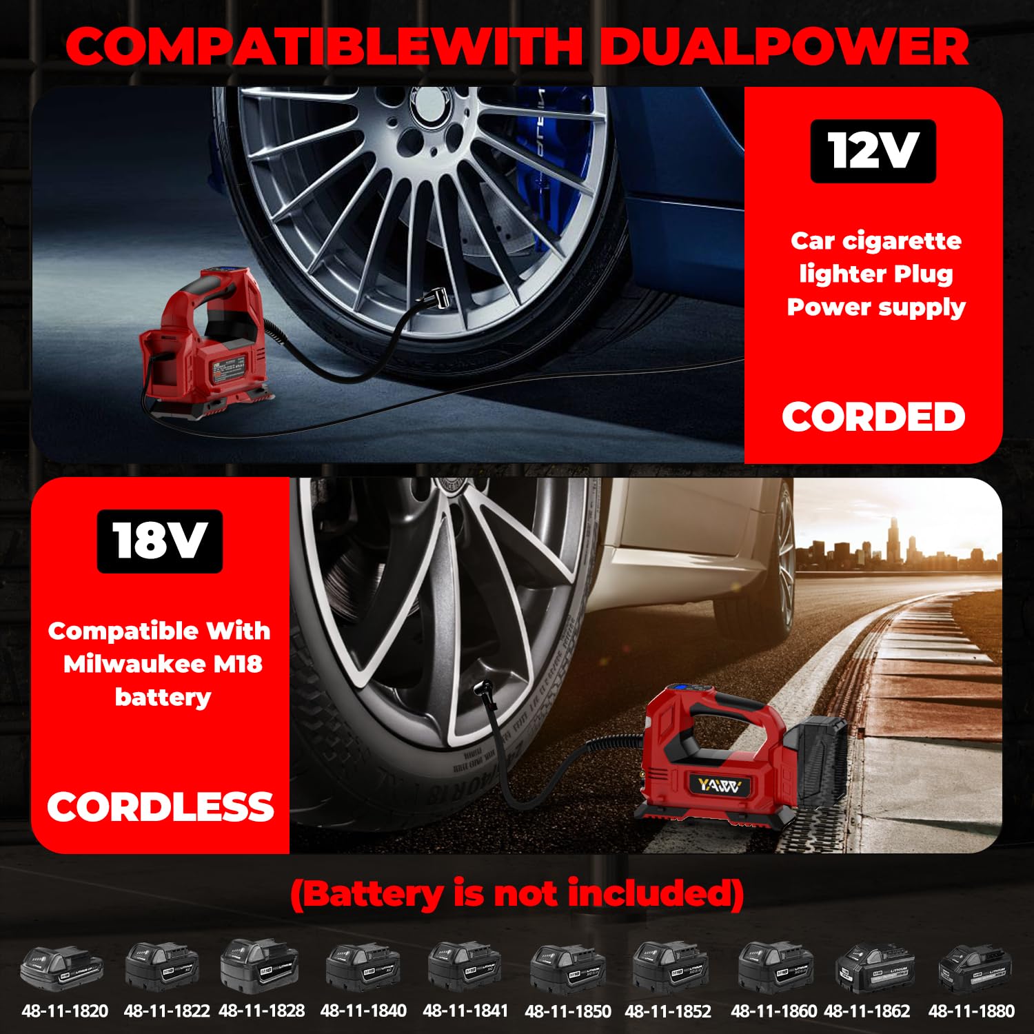 Compresor de aire inalámbrico para inflador de neumáticos para batería Milwaukee M18, bomba de aire portátil de luz LED de 160 PSI con manómetro digital para coches, motocicletas, bicicletas, pelotas