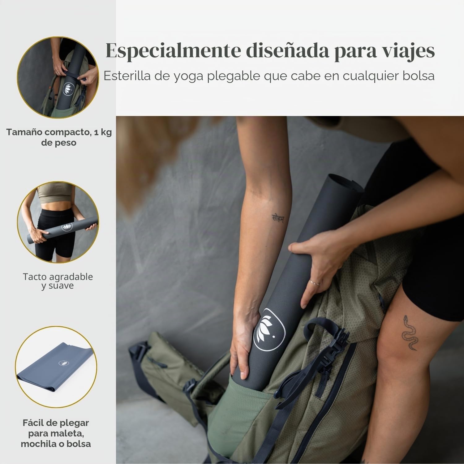 Lotuscrafts Esterilla de Yoga de Viaje plegable ARISE Travel - Fabricada en España - fina y fácil de plegar - esterilla de viaje ecológica de caucho 100% natural