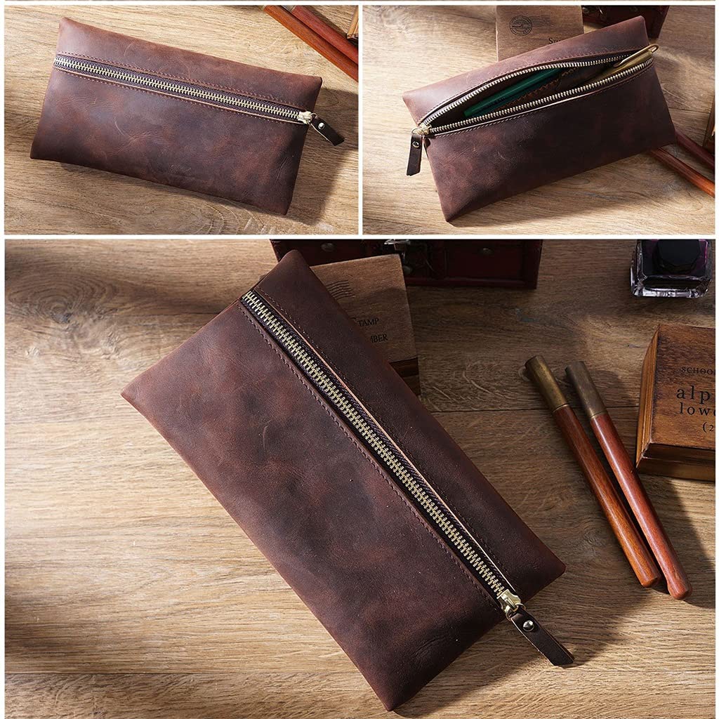 Astuccio per matite con Cerniera retrò in Pelle di Vacchetta Astuccio per Penna con Impugnatura Portatile (E, 23 cm * 12 cm) (A 23 cm * 12 cm)