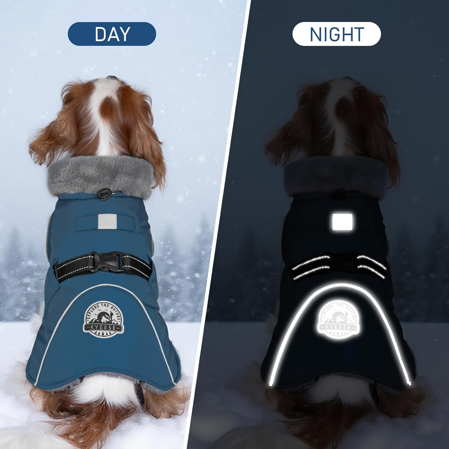 KYEESE Waterproof Dog Coat, Windproof Warm Winter Jacket with Thick Fleece Lined, Turtleneck Dog Coats for Small Dogs with Leash Hole, Reflective Outdoor Cold Weather Coat, Navy Blue, Medium