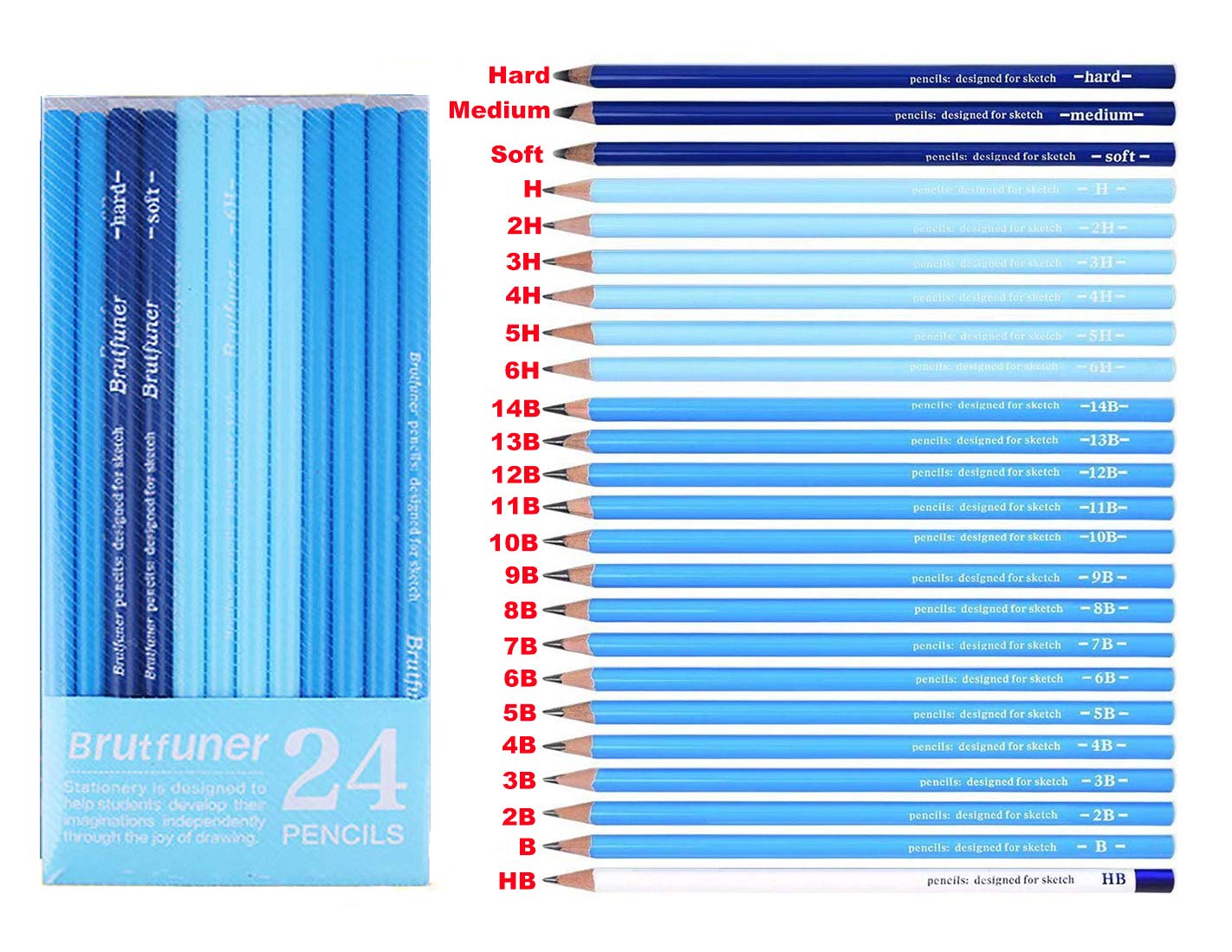 Sketching Pencils Set - 24 Pieces Drawing Pencils H-2H-3H-4H-5H-6H-HB-B-2B-3B-4B-5B-6B-7B-8B-9B-10B-11B-12B-13B-14B-Charcoal Soft-Charcoal Hard-Charcoal Medium