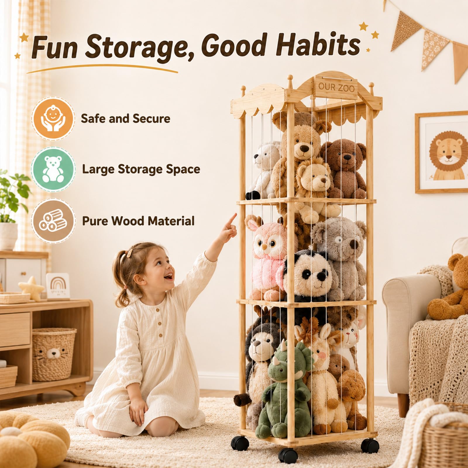 Kuscheltier Aufbewahrung, Kuscheltierregal aus Holz mit mit 360° Bremse Ausgestattete Räde, 140×40×40 cm Plüschtieraufbewahrung mit 3 offenen Ebenen, Stofftierregal für Spielzimmer, Kinderzimmer