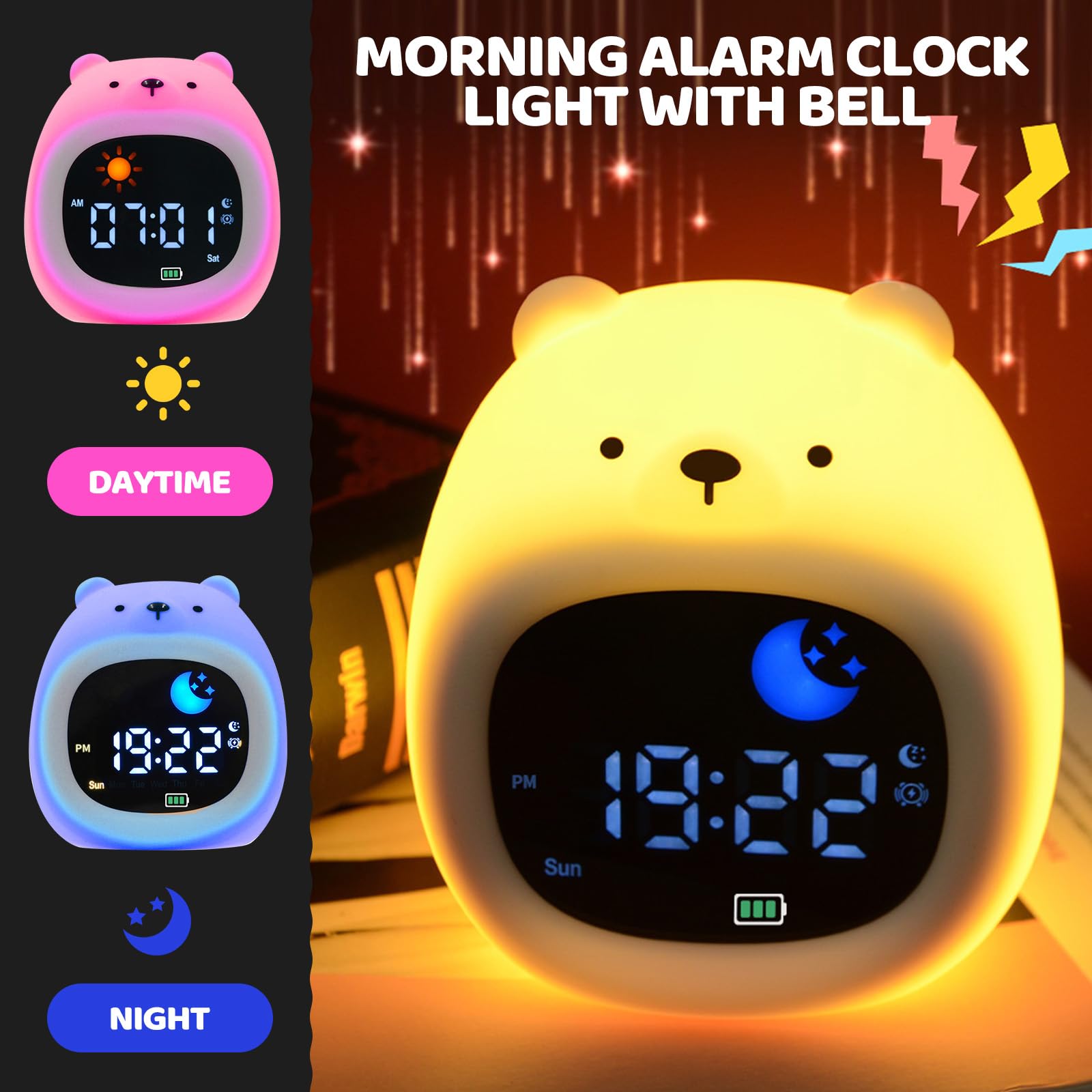 Kids Bear Alarm Clock with Night Light, 18 to 32h Rechargeable Silicone Lamp OK to Wake Clock with White Noise - Image 2