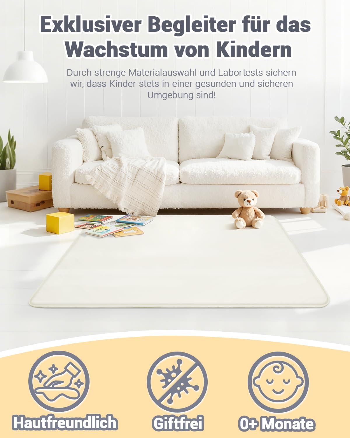 Tappeto Gioco Bambini,Spessi Tappeto Gioco Base Antiscivolo | Neonato Imbottitura In Foam & Superficie Morbida,Facile Da Pulire,Tappeto Tummy Time Per Cameretta Recinto ,120x120cm,Beige