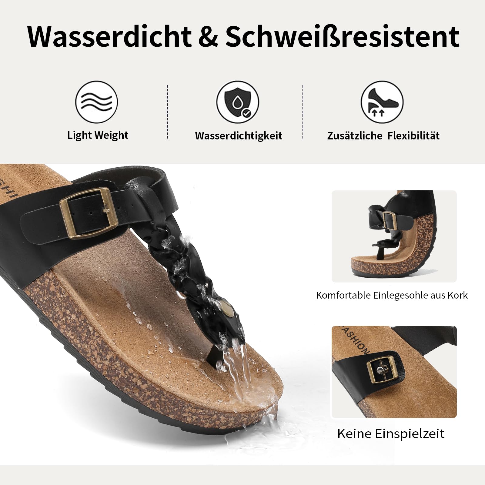 Lässig Flach Zehentrenner Damen, Kork Fußbett Sommer Schlappen Unisex, Herren Flip flop Sandalen mit Einstellbarer Schnalle, Pantoletten Rutschfest Badelatschen, Bequem Hausschuhe