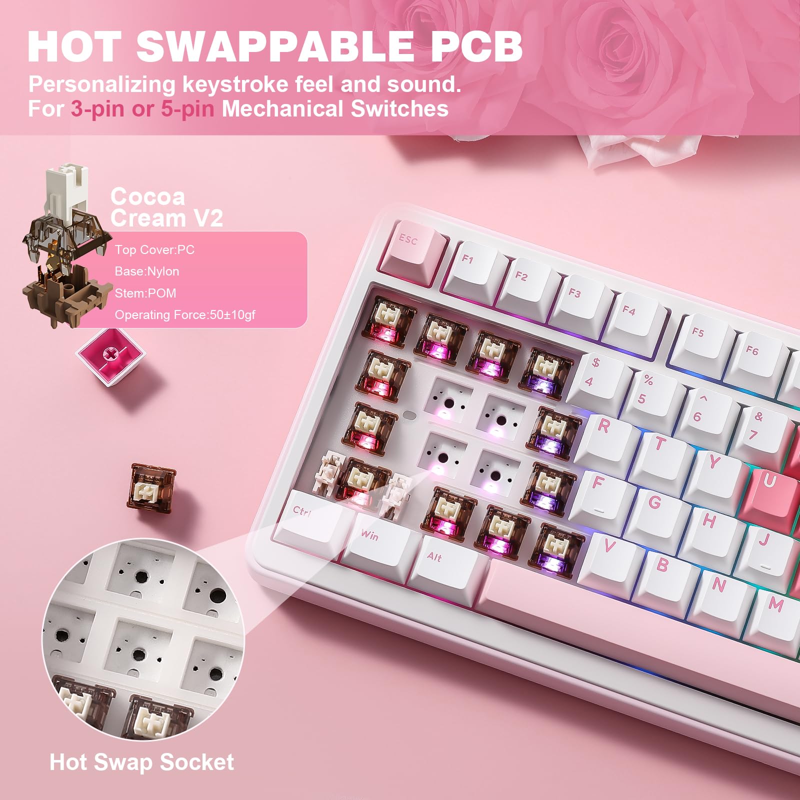 YUNZII B75 Pro Clavier Mécanique sans Fil, 75% Game Keyboard Hot Swap Custom avec Knob, Pre-lubed Switches RGB, BT/Type-C/2.4G (Blanc, Cocoa Cream V2 Switch)