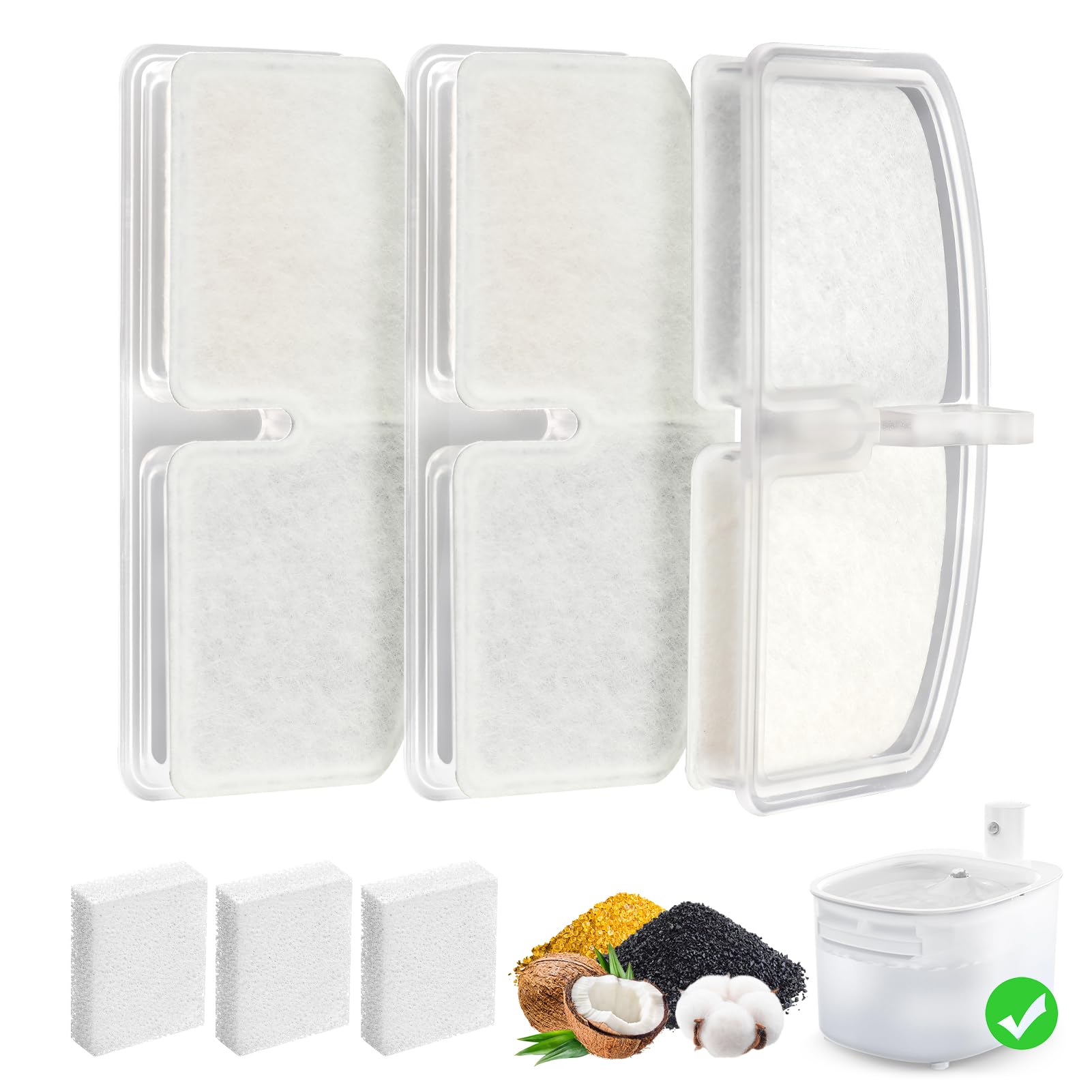 Trinkbrunnen für Katze Kabellos Filter, 3 Pieces Filters + 3 Pieces Foam Filters for Cat Drinking Fountain, Filtering Hair (Sponge), Triple Filtration