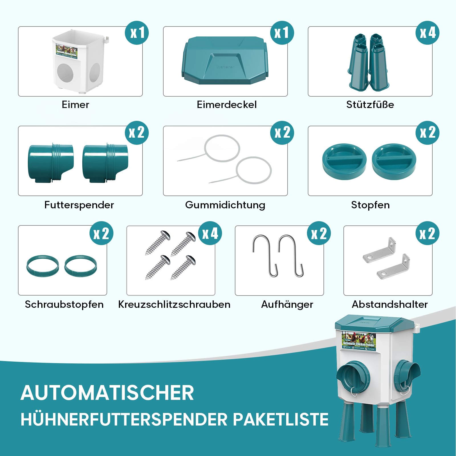 CHAMUTY Futterautomat Hühner, 7 Liter Hühnertränke Tränke Hühner, Automatische Geflügeltränke für Geflügel Mit 1,5m Wasserleitung, Schwimmerventil, Hühnerzubehör, Bruchfester langlebiger Kunststoff