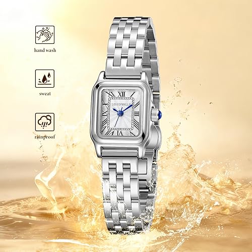 Miniatura 8 de Relojes pequeños de oro para mujer con funda rectangular vintage, esfera romana clásica, banda de acero inoxidable resistente al agua con cadena de