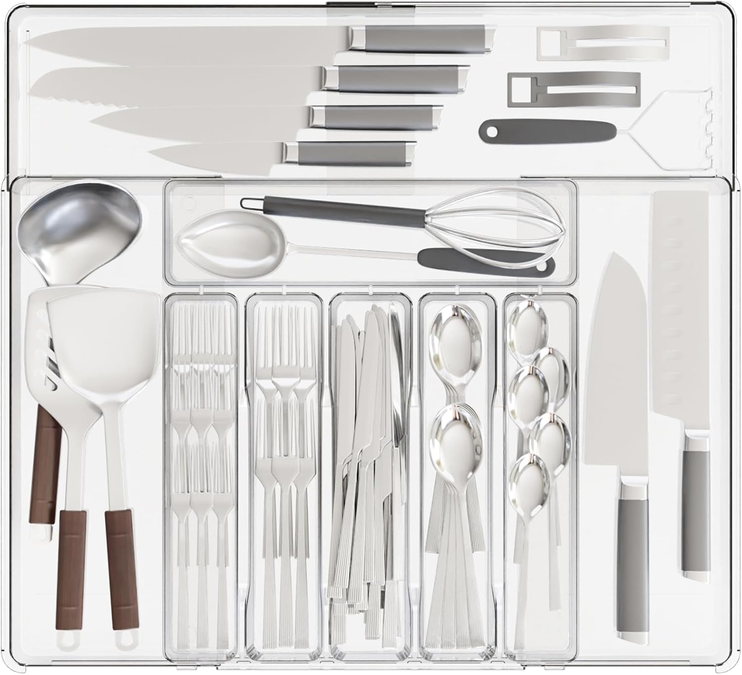 Zhuiyiwin Transparent-L Cutlery Drawer Organiser, Expandable Kitchen Drawer Organiser, Expandable Utensil Tray With 2 Removable Knife Blocks, Utensil Organiser For Multipurpose Kitchen Storage (Transparent-L)