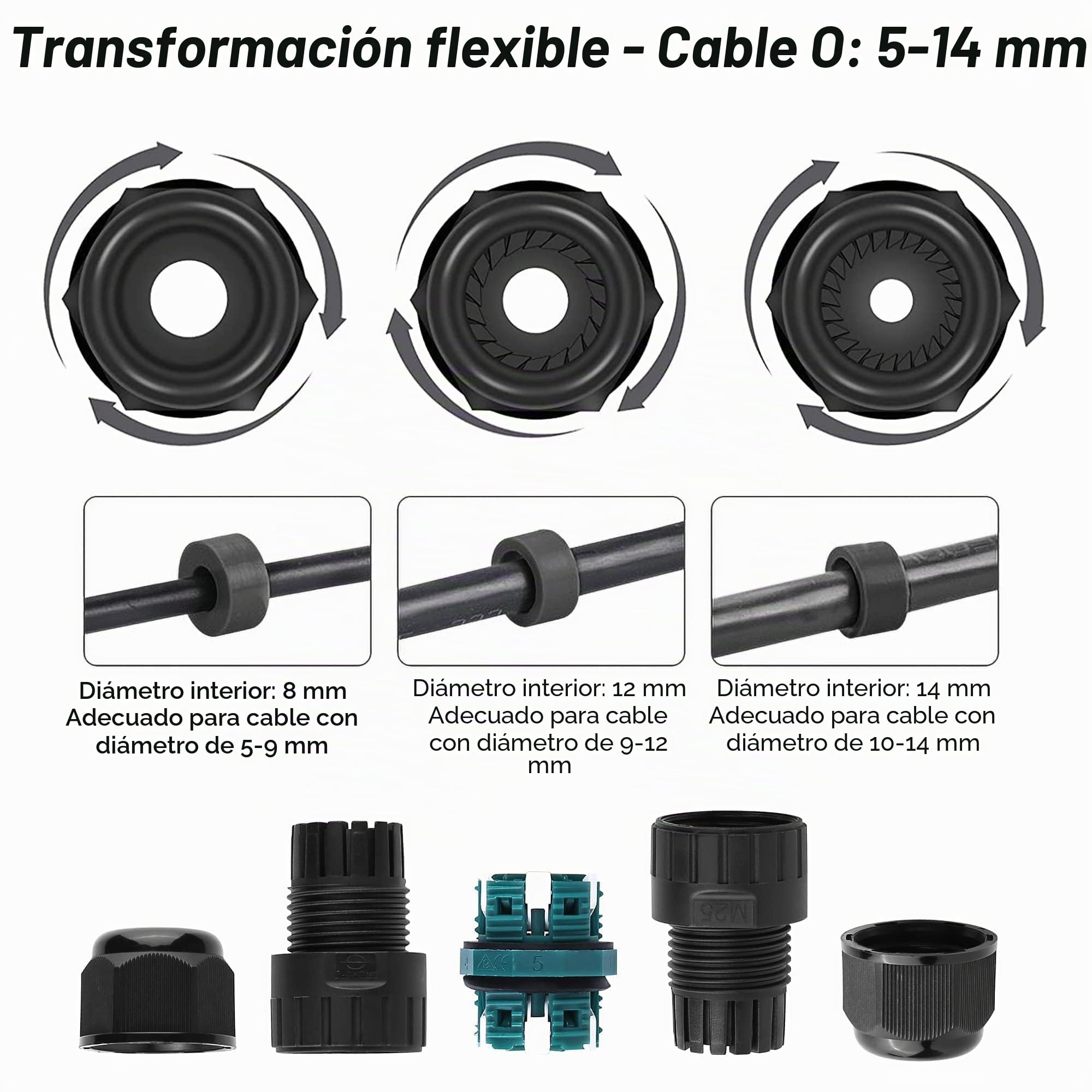 Conector de cable resistente al agua IP68, manguito de conexión de 5 pines para diámetro de 5-14mm, manguito de conexión, cable subterráneo, caja de conexión, resistente al agua, 3 unidades