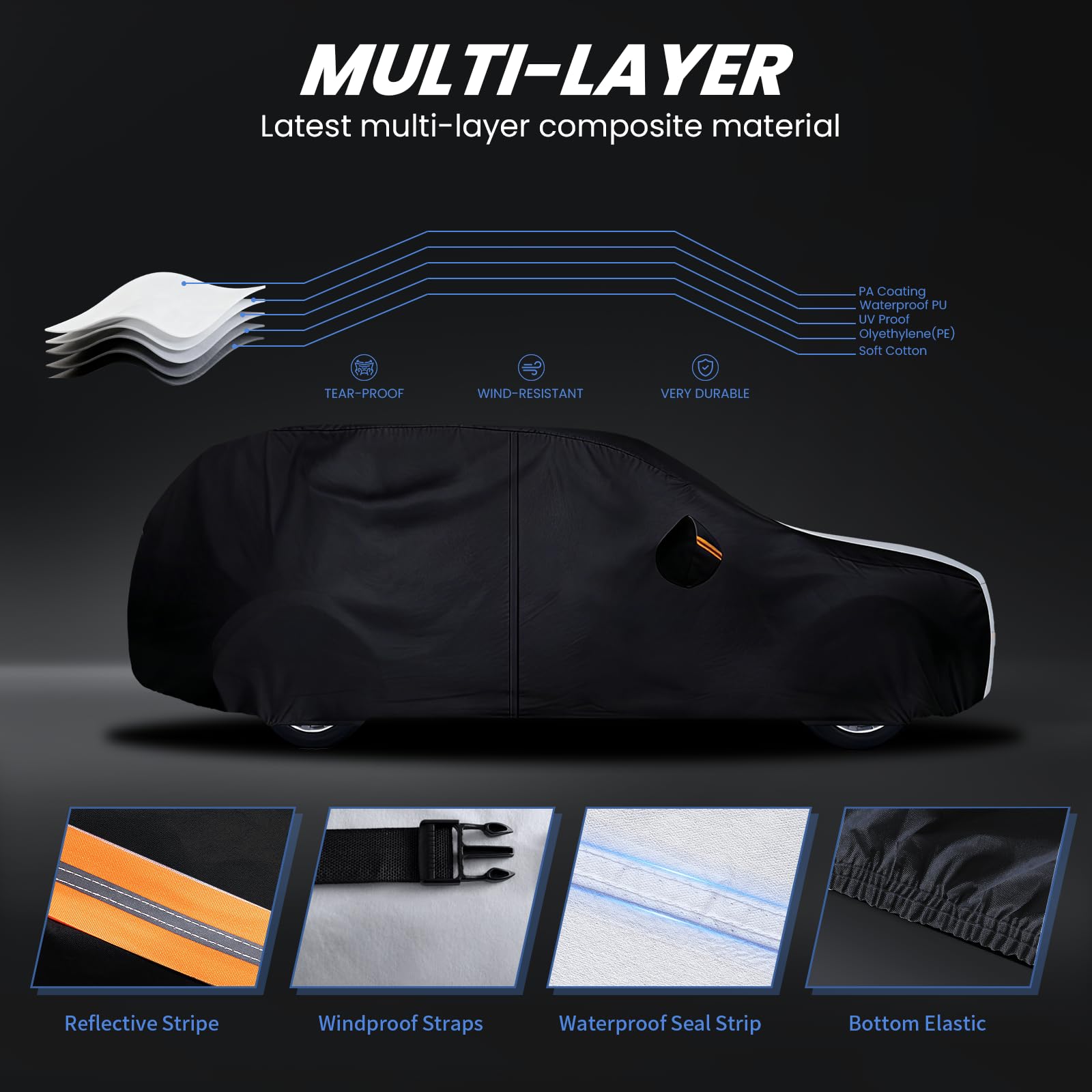 Multi-Layer Car Cover Custom Fit for Toyota Highlander(2000-2026), 100% Waterproof All Weather for Automobiles, Gift with Towel, Heavy Duty Car Covers for Rain Sun UV Protection with Door Zipper - 3