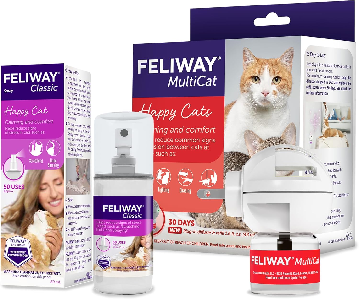 FELIWAY Cat Calming Product 2 Piece Set: Spray & 30 Day Multicat Diffuser Plug-in Combo for Cats, All Breeds, Drug Free, Vet Recommended