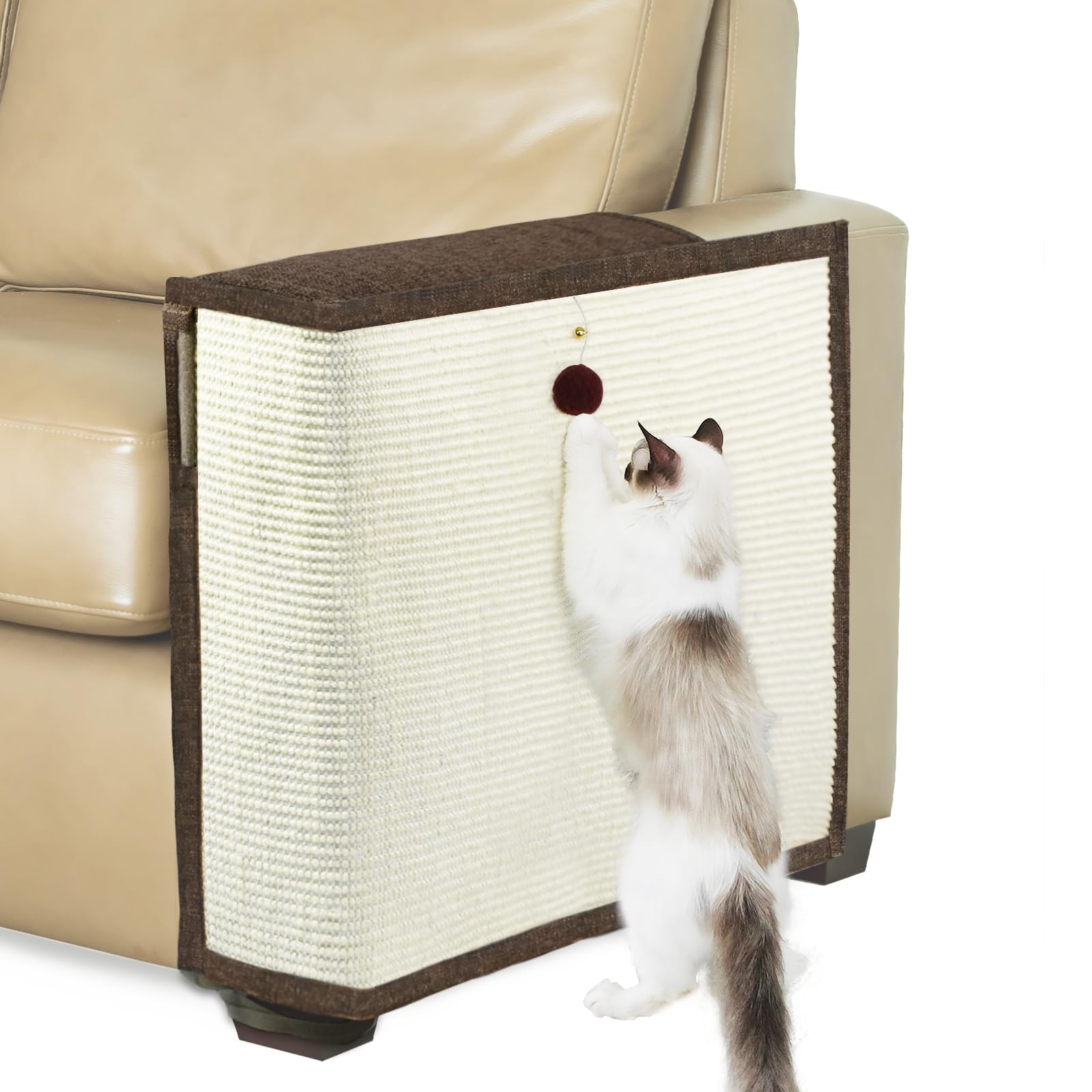 Upgraded Cat Scratch Furniture Protector,Cat Scratch Sofa Arm Sheild with 27.6’‘L*19.6’‘W Natural Sisal and Scratch Ball for Protecting Couch Sofa