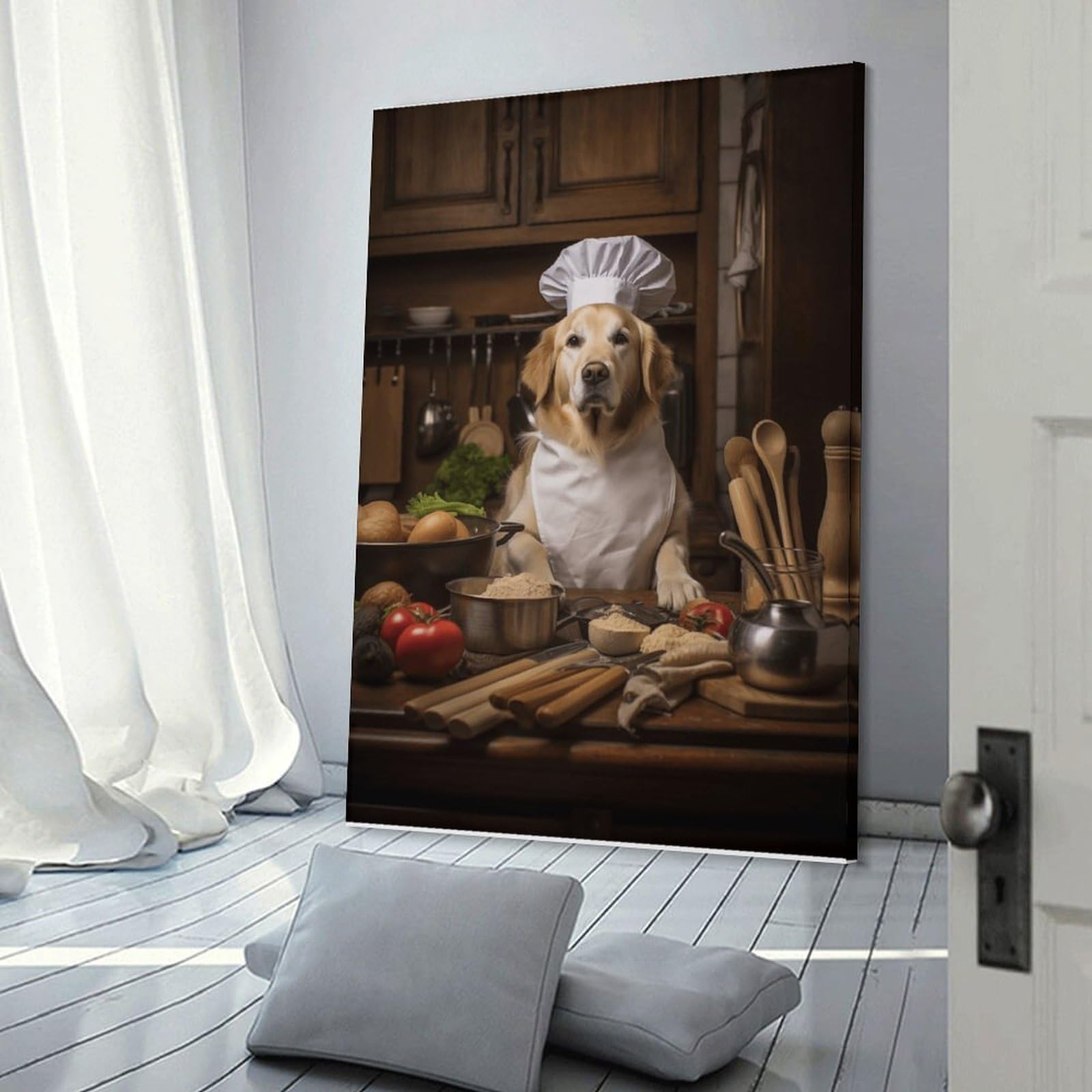 Junmoney Frame-Style-12-1 Canvas Wall Picture Golden Retriever Chef Hat, 20X30inch(50X75cm), For Home Lounge, Bedroom Or Reading Nook, A Home Accent With Warm Character