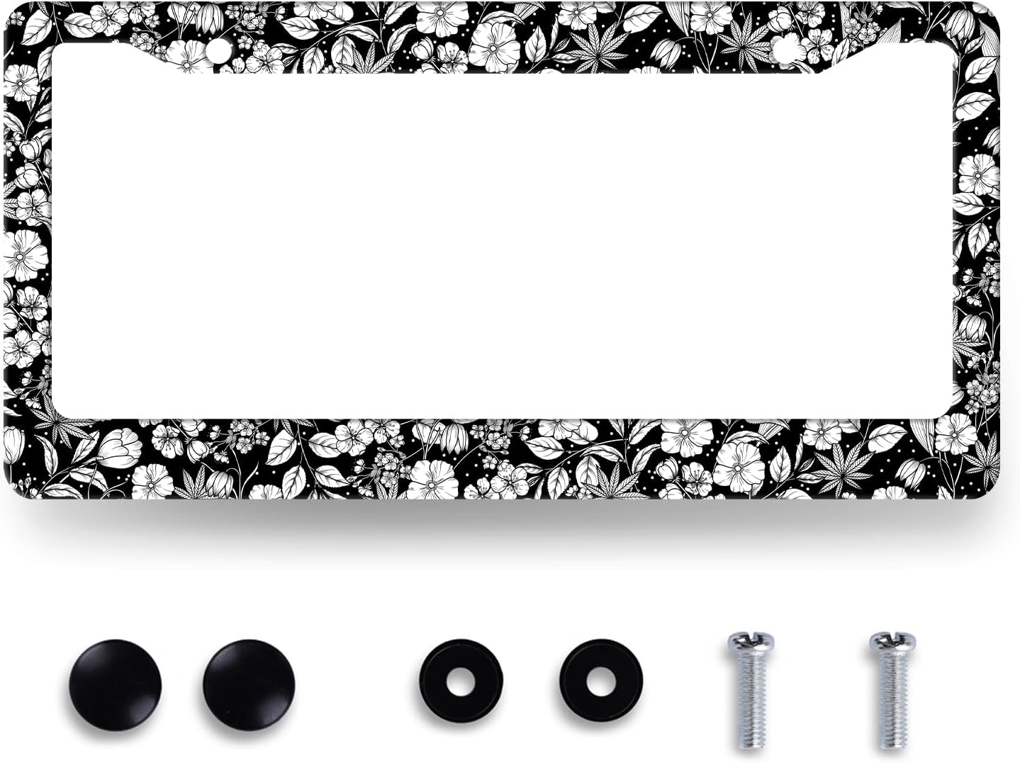 Stainless Steel Black White Tropical Flowers License Plate Frame 12.2x6.2