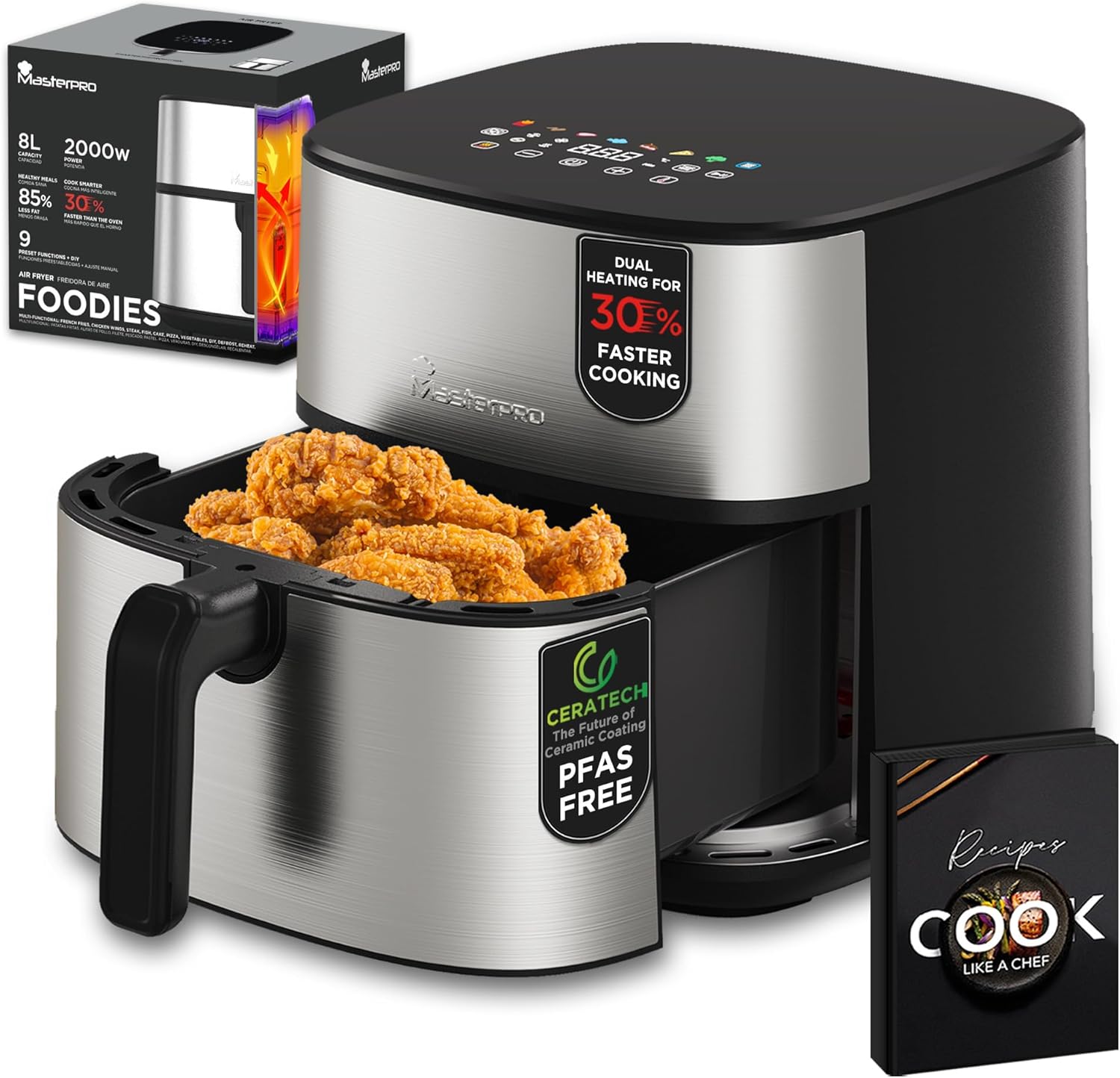 Friggitrice ad aria MasterPRO SURROUND 800 con pollo fritto nel cestello, confezione del prodotto e ricettario