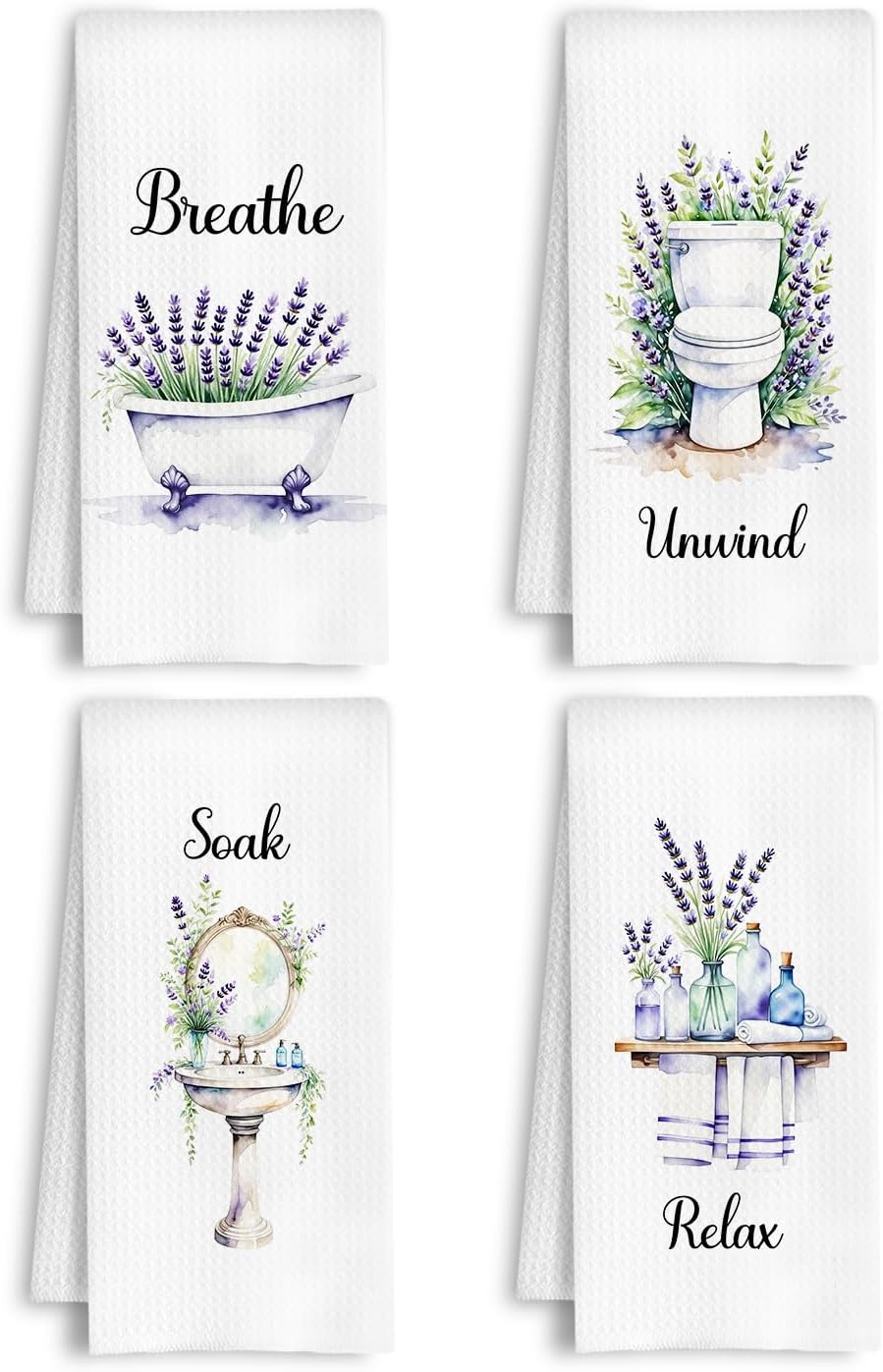 Farmhouse Lavender Hand Towel for Bathroom, Relax Soak Unwind Breathe Purple Botanical Floral Hand Tea Towel for Toilet Spa Gym, Lavender Bathroom Decor, 16x24 Inch Set of 4