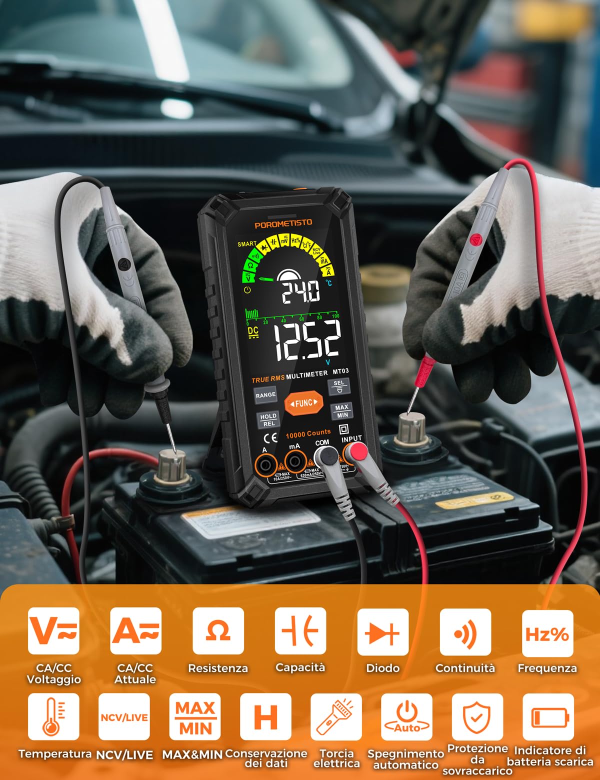 Multimetro Digitale Professionale POROMETISTO TRMS 10000 conteggi, 750V CA/ 1000V CC Ricaricabile con Auto Gamma, Misura Tensione Corrente Resistenza Continuità Capacità Frequenza Diodo TEM