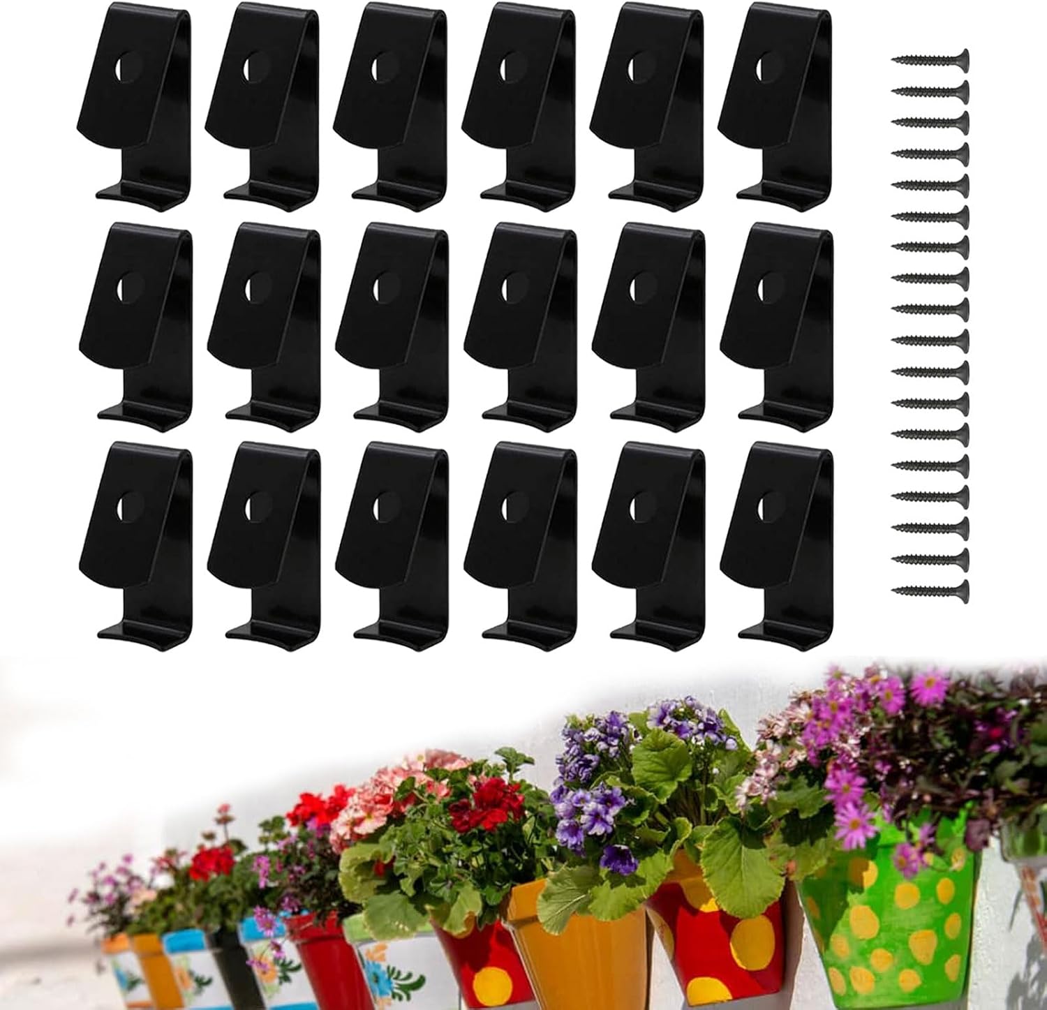 Flower Pot Clips, 18 Pack Terracotta Pots Hangers, Standard 3.5 to 8 inch Wall Clay Pots Holders, Hanging Terracotta Pots Indoor Outdoor Wall Fence Railing, Flower Pot Clips with 18 Screws (Black)