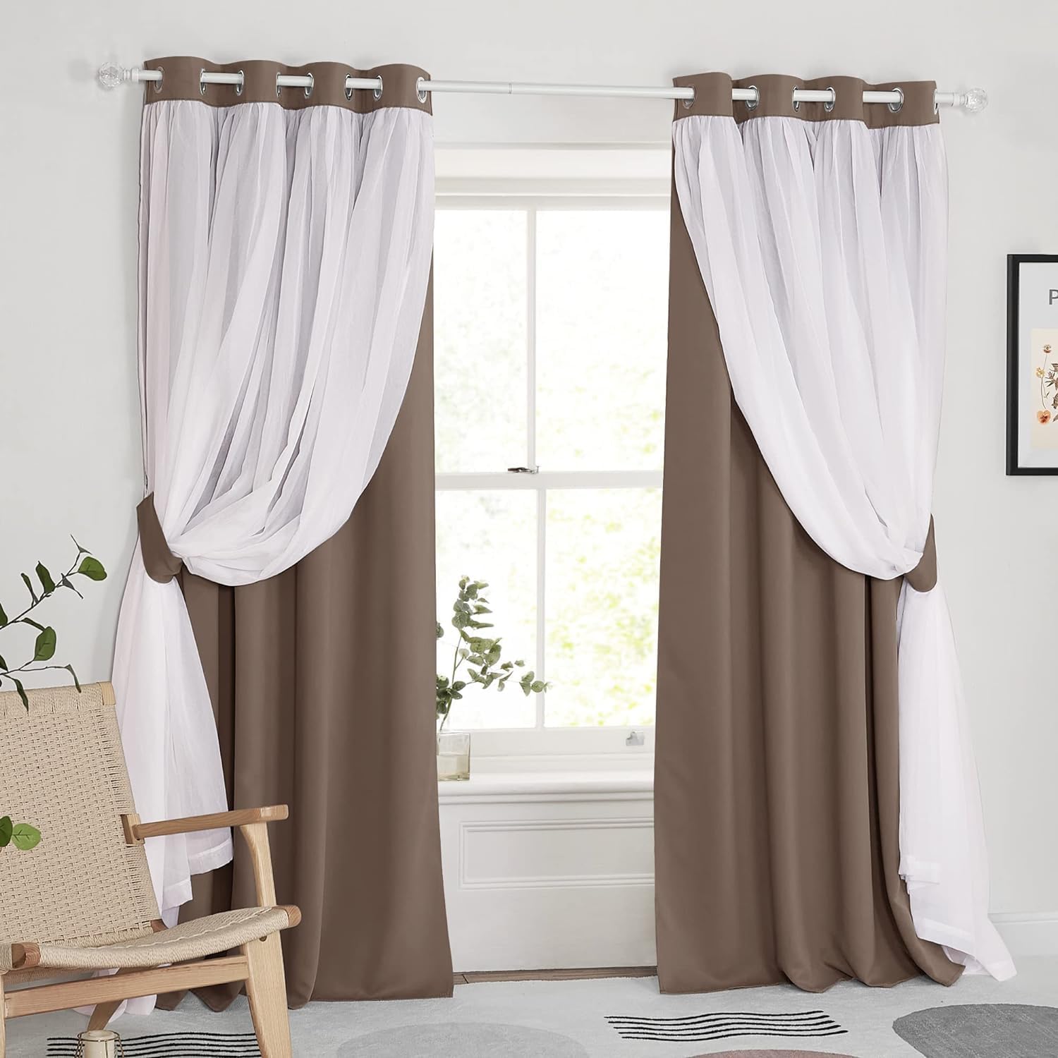 BFAM 100% Blackout Curtains with Sheer Overlay, Grommet Thermal Insulated Privacy Mix and Match Double Layer Window Curtains for Bedroom, Living Room, 1 Drape Panels