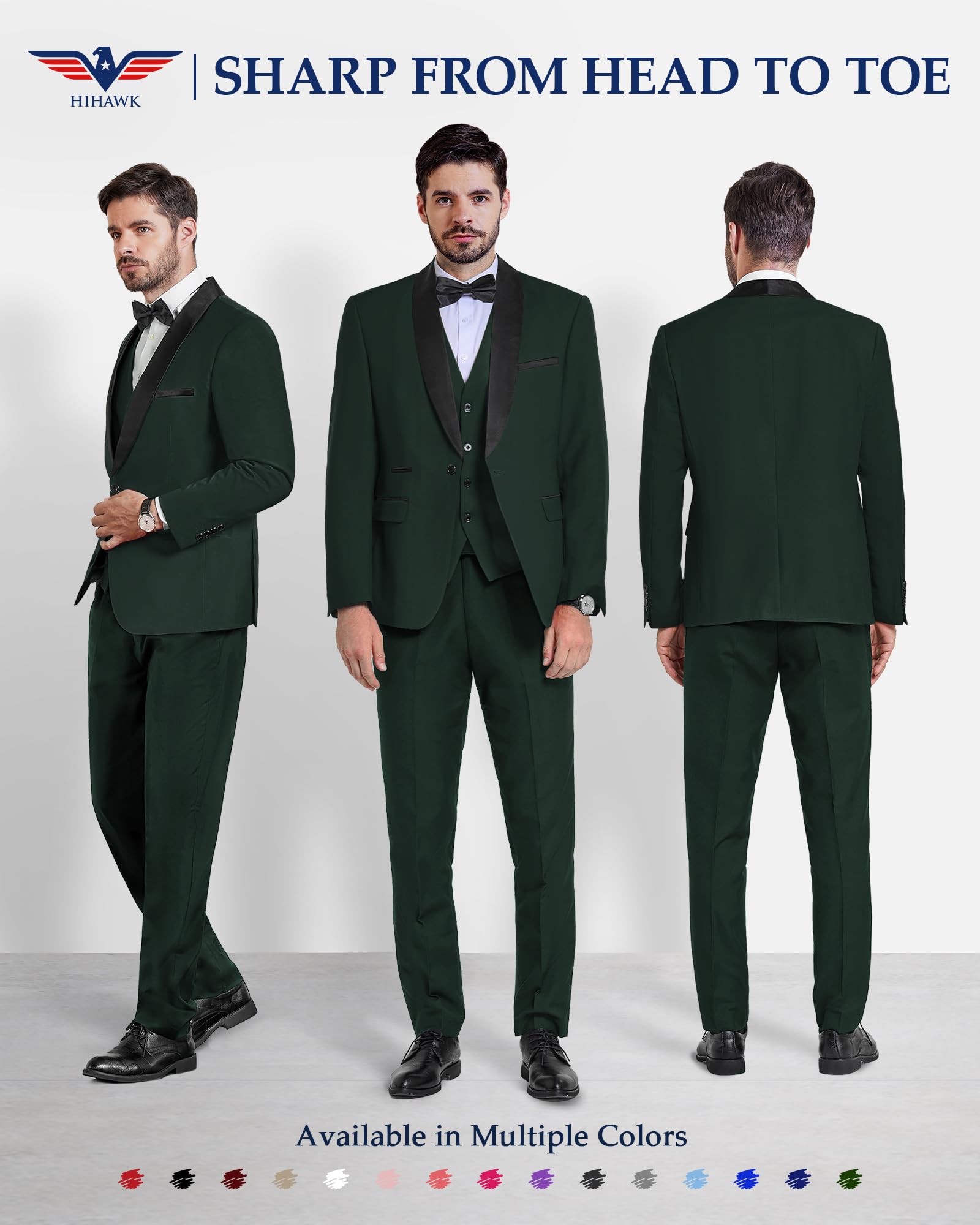 Hihawk Set da smoking da uomo in 3 pezzi con papillon, scialle con bottone e risvolto, giacca e pantaloni, vestibilità aderente, per feste, matrimoni, balli di fine anno