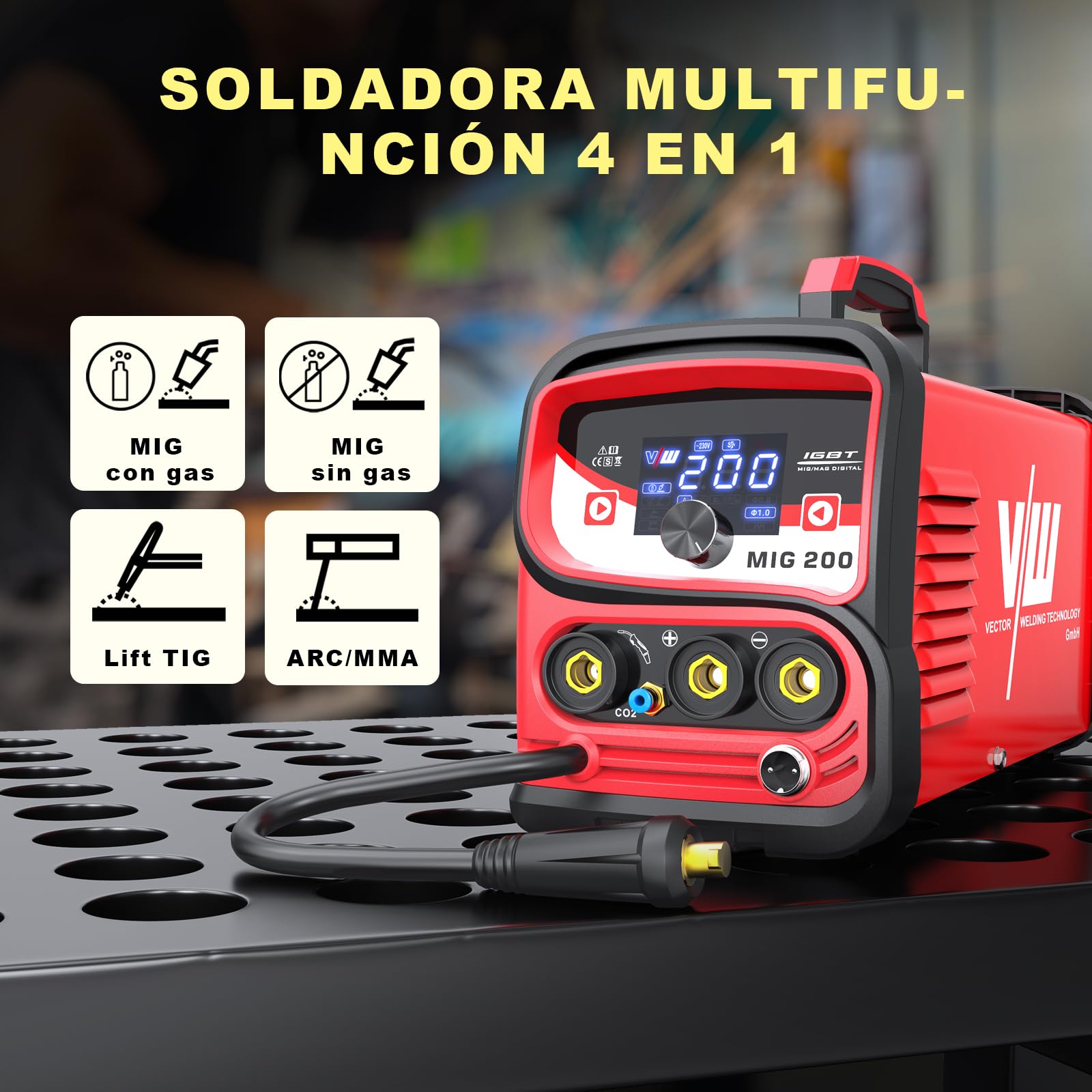 Soldador de Hilo 200 A Máquina de Soldar MIG MAG 4 en 1 MMA/sin Gas MIG/Gas MIG/Lift TIG, Soldaddora de Hilo Continuo con Pantalla LED, IGBT,VECTOR WELDING