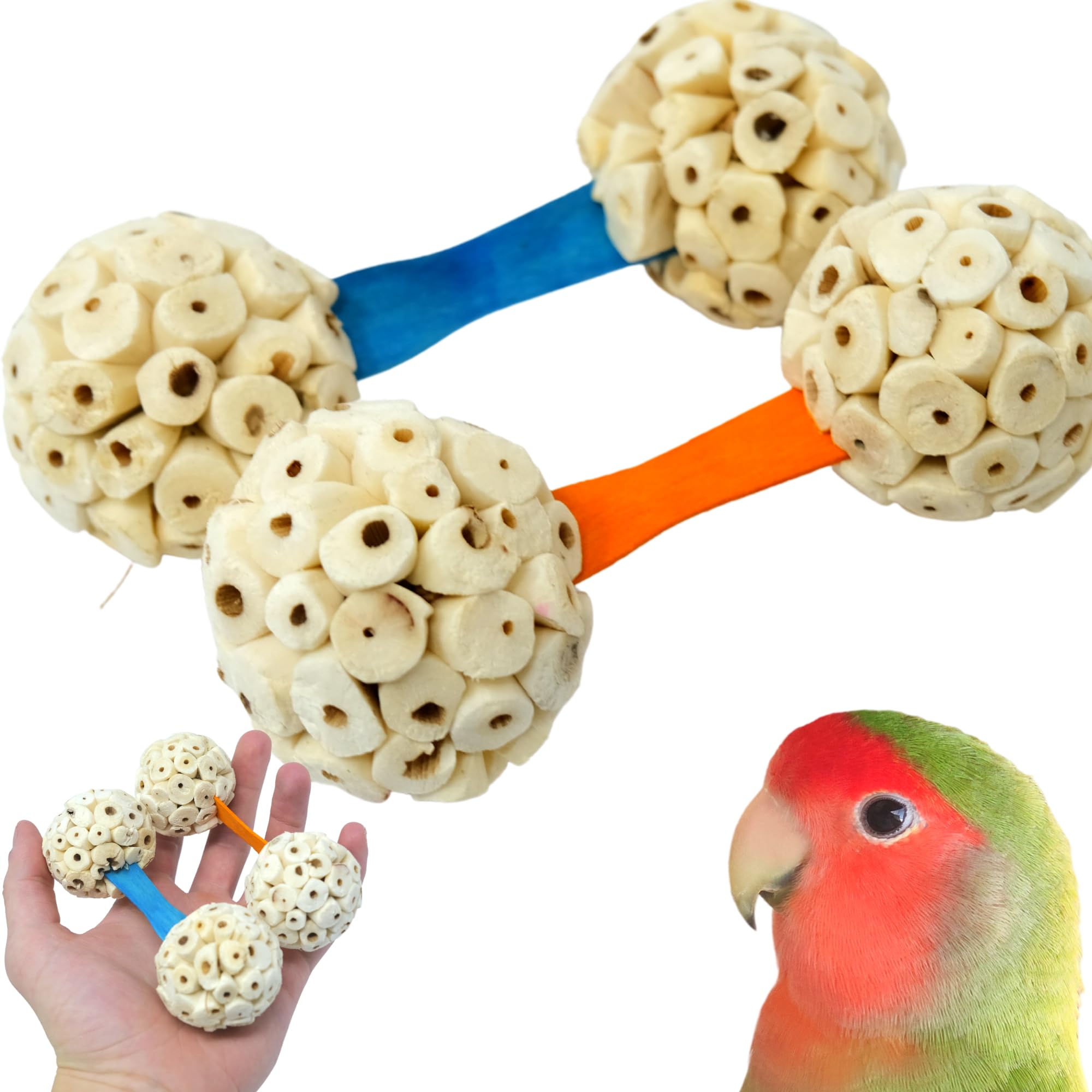 Bonka Bird Toys 2965 PK2 Natural Sola Dumbbell 4" x 1.5" Natural Wood and Sola Ball Toy for Small to Medium Birds for Chewing and Enrichment Conure