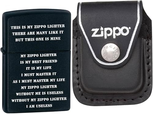 Zippo 24710 Classic Black Matte ZPP Creed - Encendedor de bolsillo resistente al viento con bolsa de clip de cuero negro Zippo