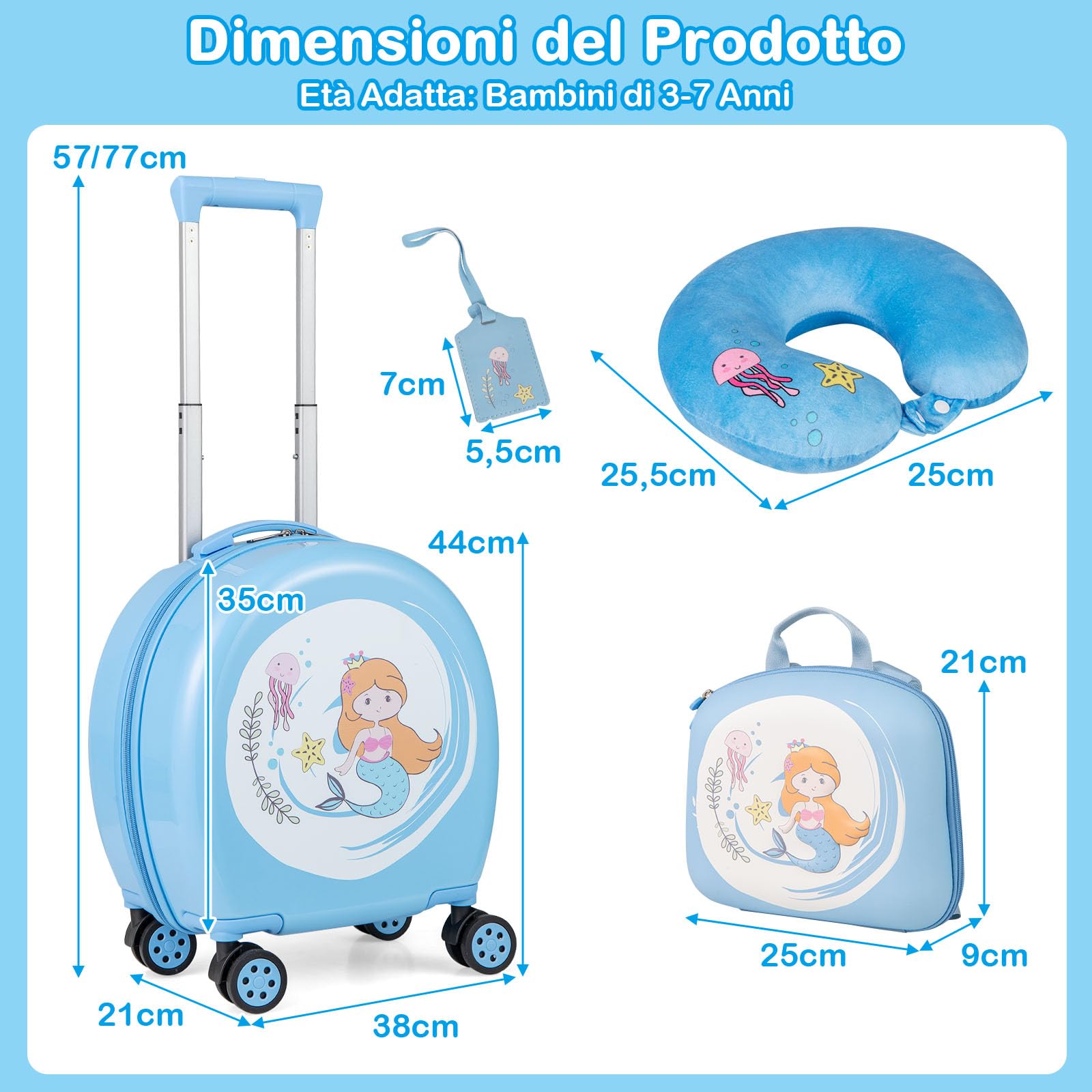 RELAX4LIFE Juego de Maleta Infantil para Niños de 4 Piezas, Maleta de 35,5 cm y Mochila de 25 cm con Cojín para El Cuello y Etiqueta de Nombre, Maleta Niños con Ruedas (Azul)