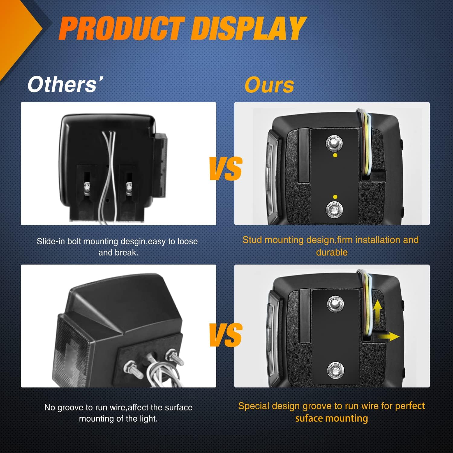 Comparison of stud mounting design for square lights versus slide-in bolt mounting