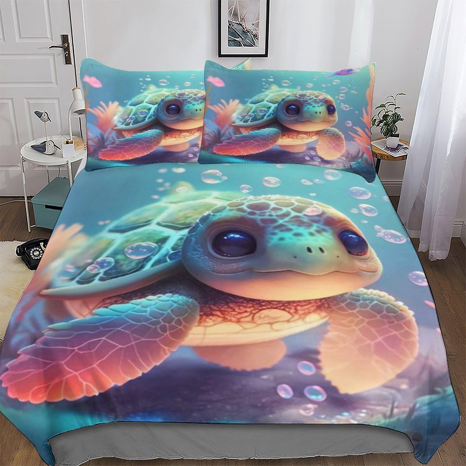 Pazzk Turtle 3D Printed Bedding Set Comforter Cover 2 Pcs With Pillowcases With Zipper Closure For Adults Teenager Kids Quilt Cover Soft Anti-Allergic Duvet Cover Single (135X200cm)