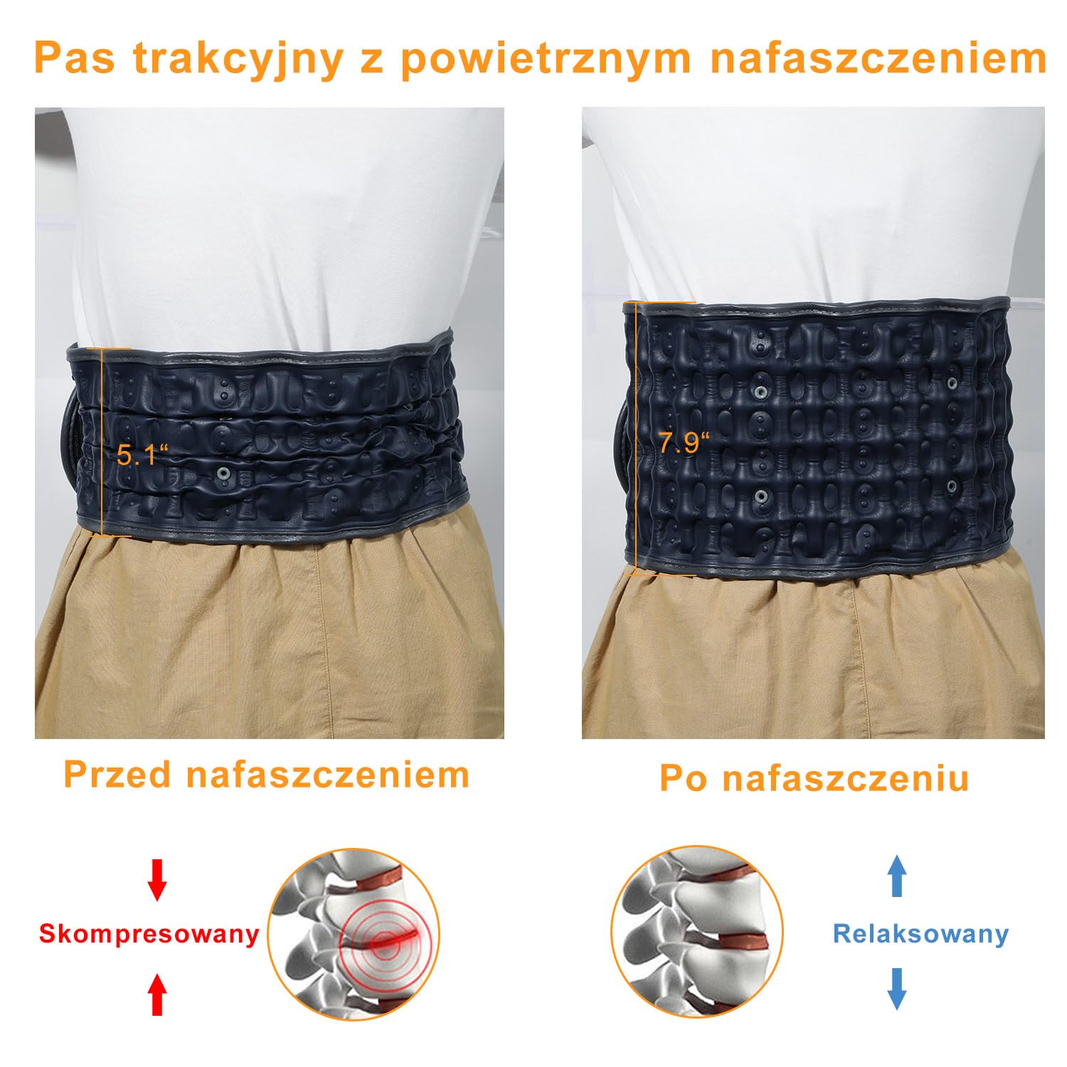HONGJING Pas dekompresyjny z ogrzewaniem i masażem, nadmuchiwany, z akumulatorem, jeden rozmiar 29-49 talii